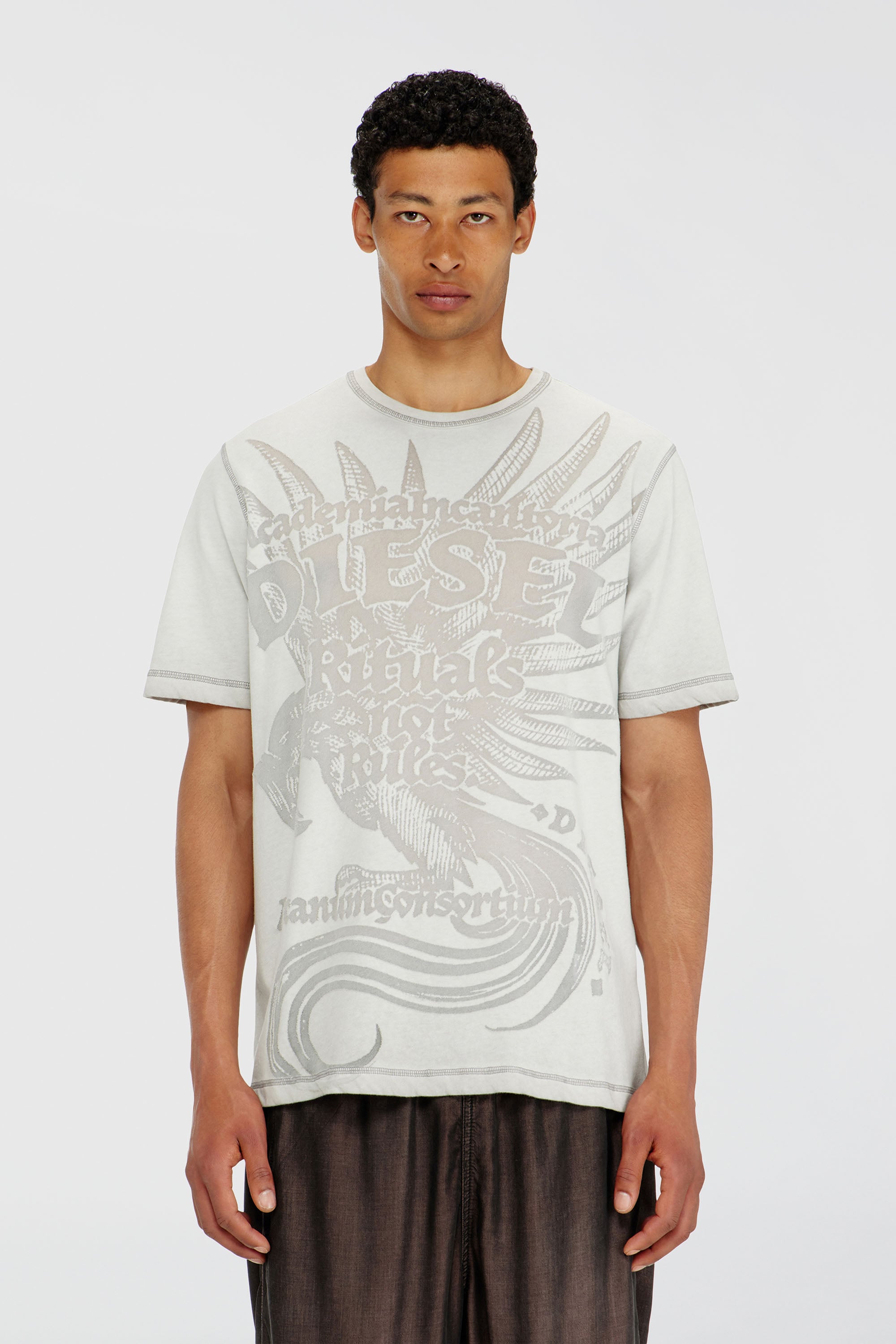 Diesel - T-RAWJUST-AA1, T-shirt in jersey con grafica in rilievo Uomo in Grigio - 1