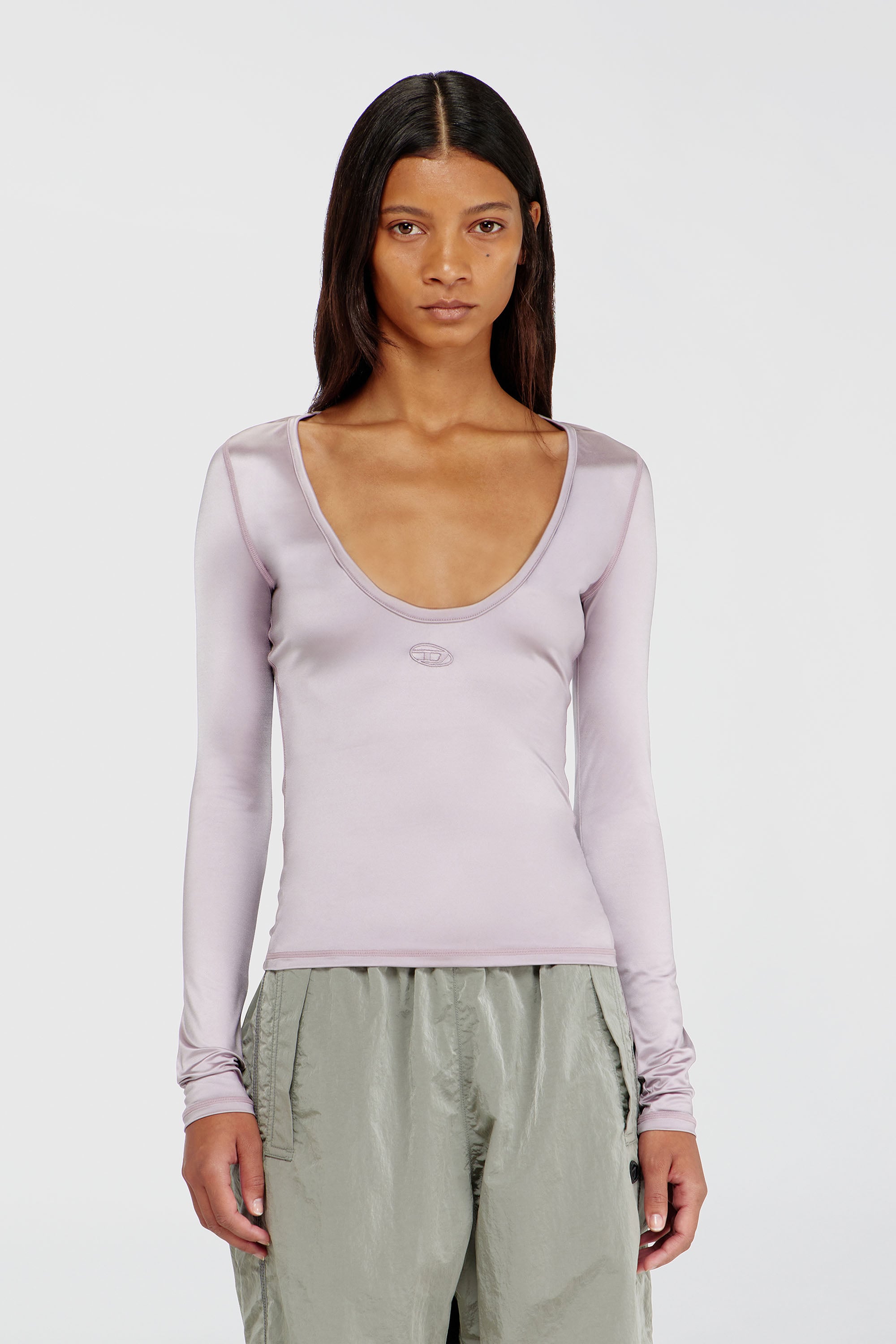 Diesel - T-ELPHIN-LS, Top slim in nylon con scollo rotondo e ricamo Logo Oval D Donna in Viola - 1