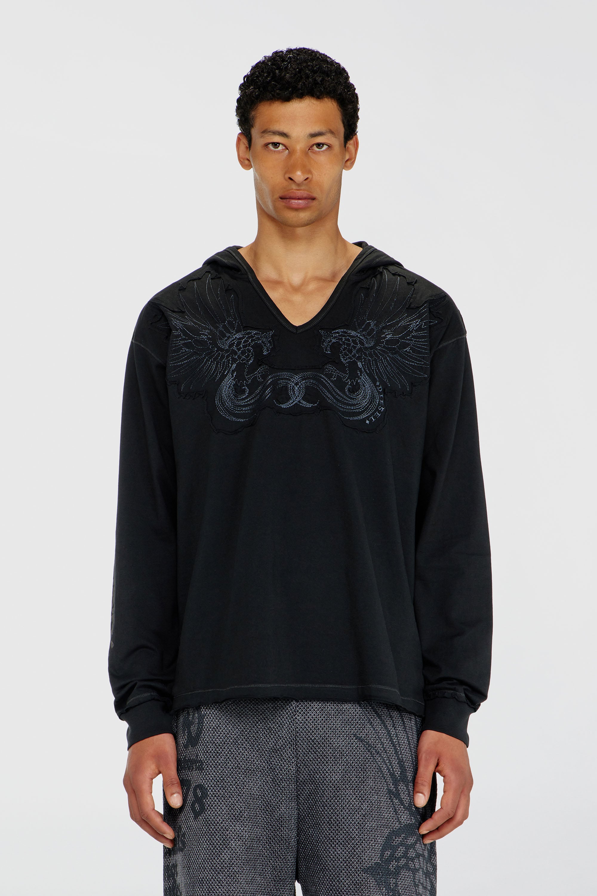 Diesel - T-PHEN-LS-HOOD-RIB, Hoodie con scollo a V e ricamo frontale Uomo in Nero - 1