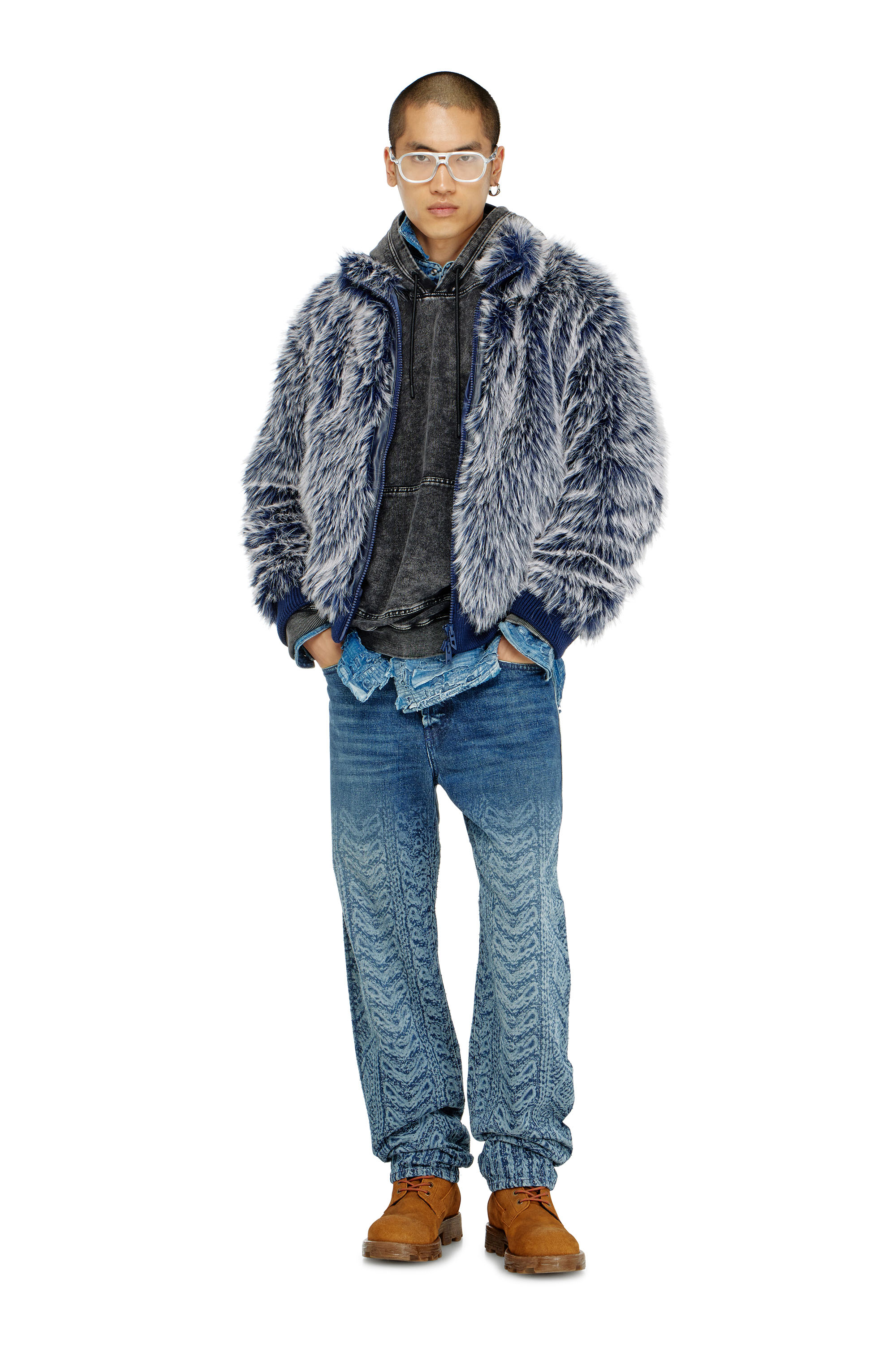 Diesel - S-BOXT-HOOD-TUK, Felpa con cappuccio effetto denim lavorato Uomo in Grigio - 2