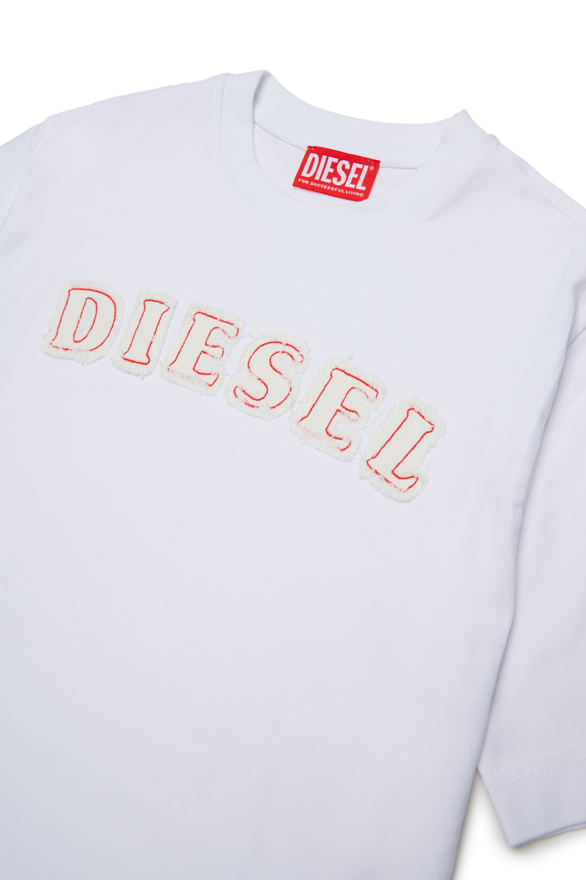 Diesel - TJEANS OVER, T-shirt in cotone con logo effetto sfrangiato Uomo in Bianco - 3