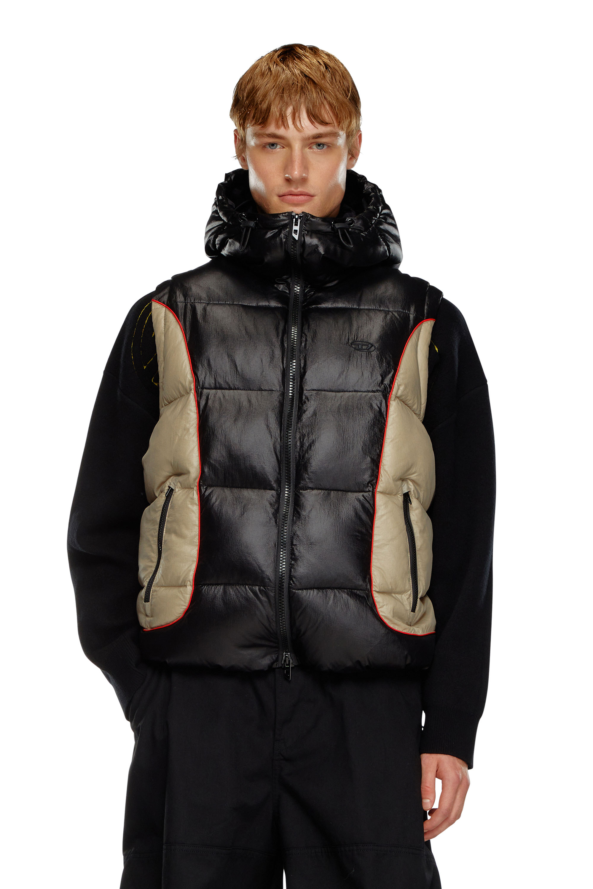 Diesel - W-OSTEND-SL, Gilet imbottito con cappuccio in ripstop lucido Uomo in Multicolor - 1