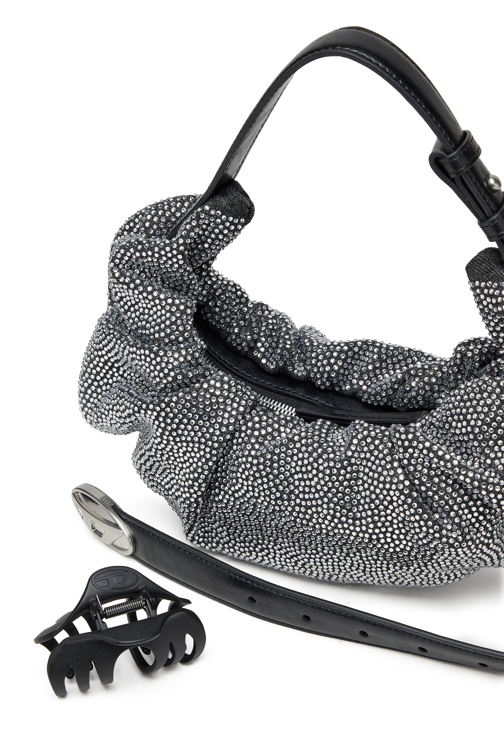 Diesel - GRAB-D HOBO S, Grab-D S-Borsa hobo piccola in denim scrunched con cristalli Donna in Nero - 5