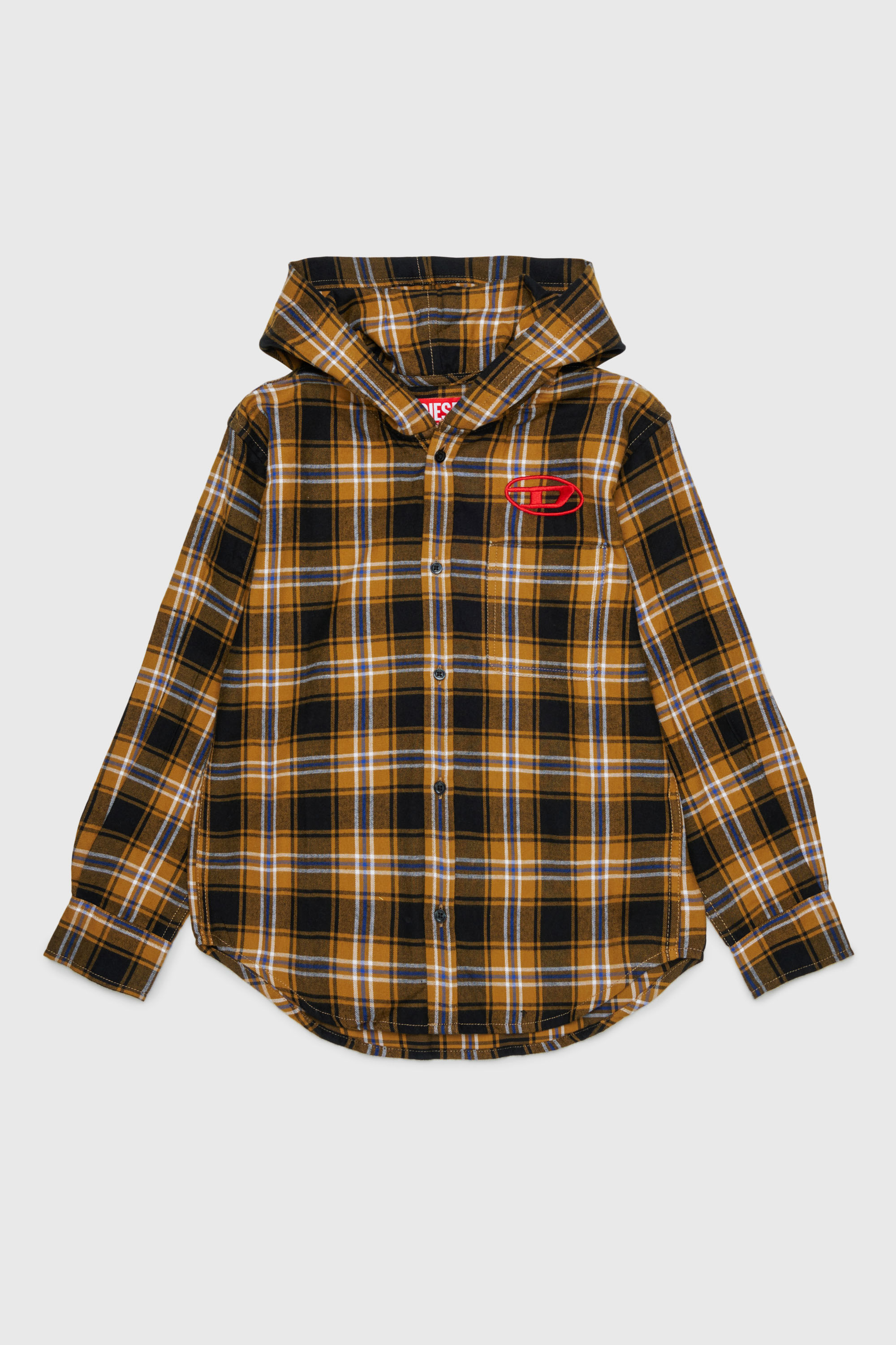 Diesel - CHECK OVER, Camicia con cappuccio a quadri con ricamo Oval D Uomo in Marrone - 1