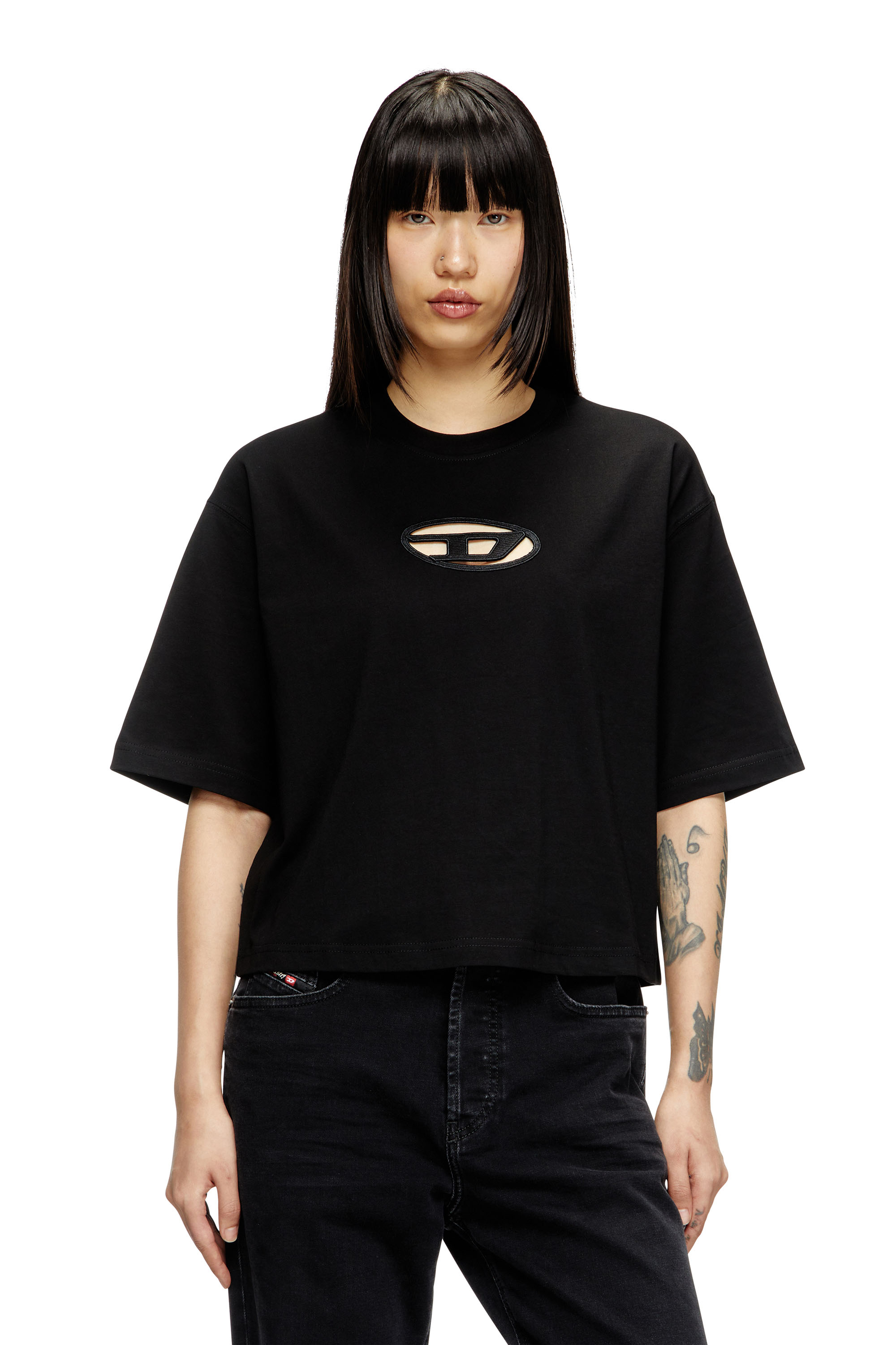 Diesel - T-ROWY-OD, T-shirt boxy con D ricamata Donna in Nero - 3