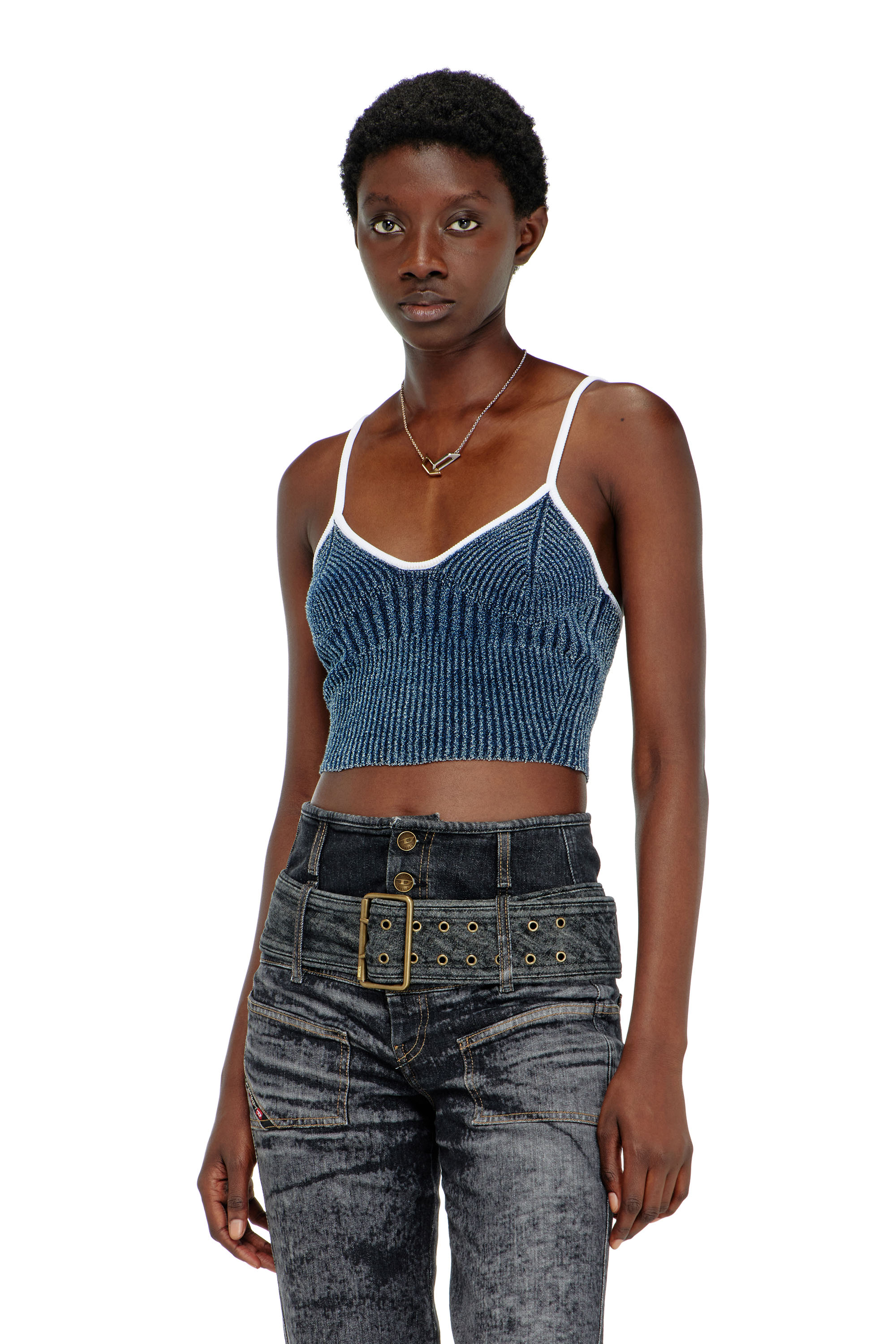 Diesel - M-ESTERE, Crop top in maglia boucl&eacute; indigo a costine Donna in Multicolor - 1