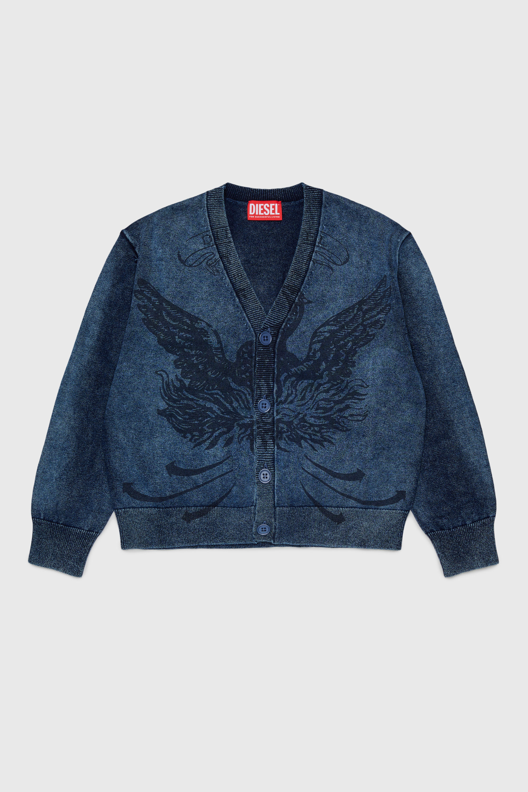 Diesel - KFINNIC CARDIGAN OVER, Cardigan effetto denim con motivo fenice Uomo in Blu - 1