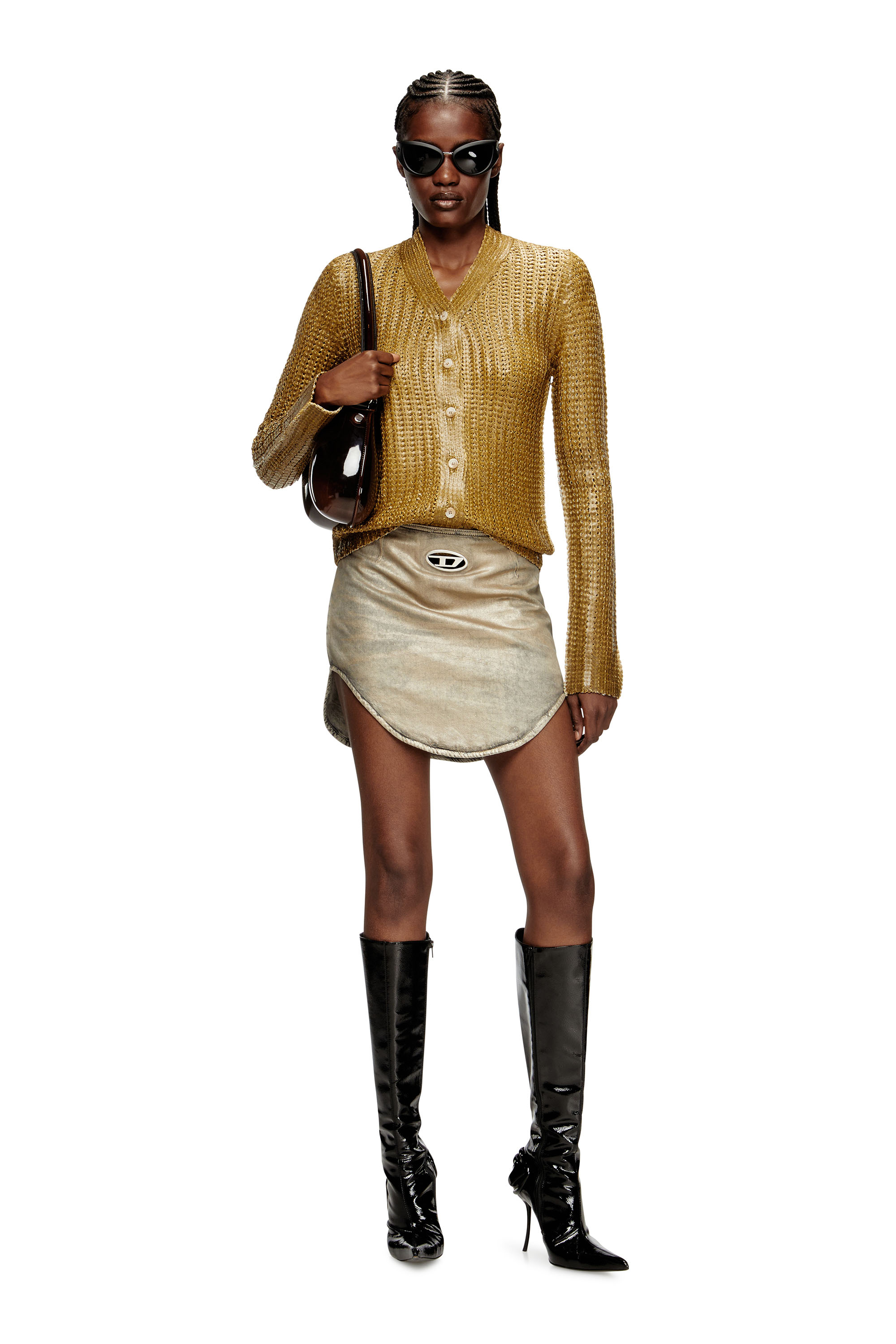 Diesel - M-MILLO, Cardigan a costine effetto lucido Donna in Marrone - 1