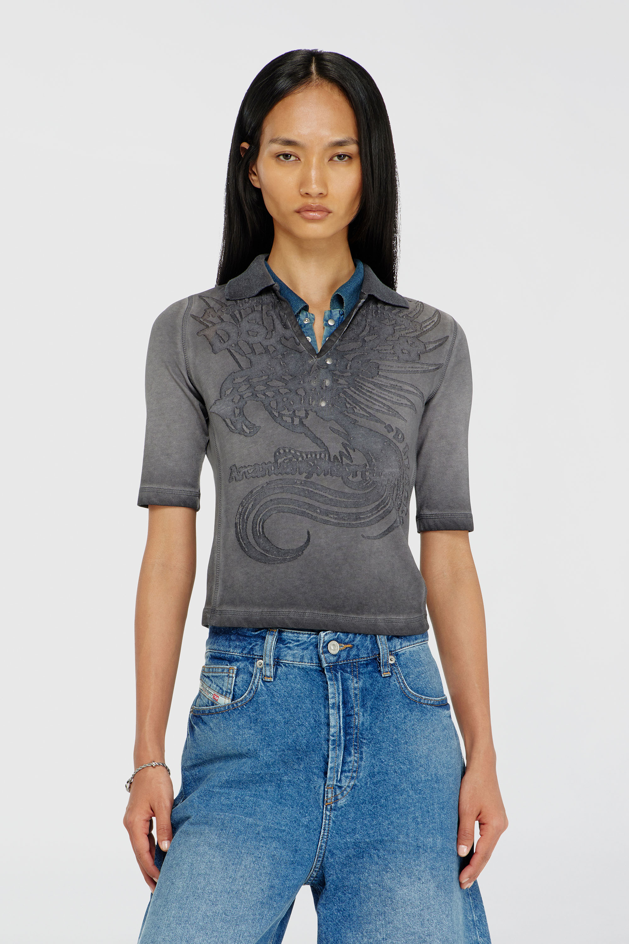 Diesel - T-BEA, Woman's Slim polo with d&eacute;vor&eacute; print in Grey - 1