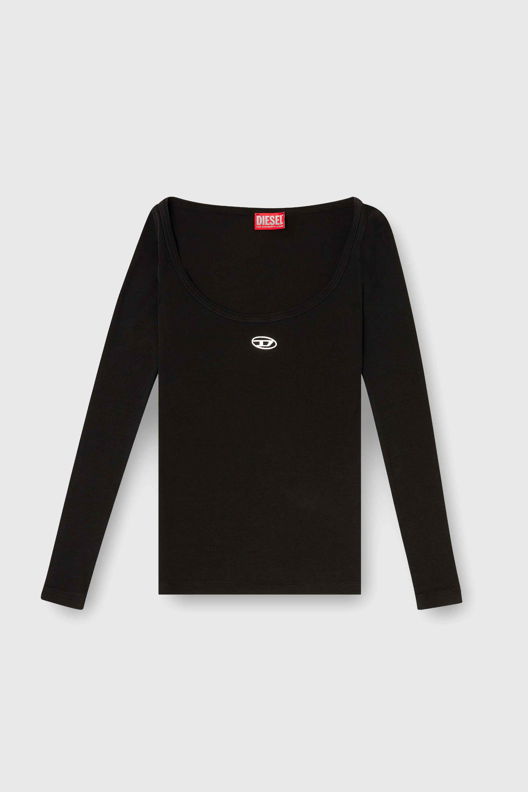 Diesel - T-BAL-OD, Top a maniche lunghe a costine con Oval D metallico Donna in Nero - 2