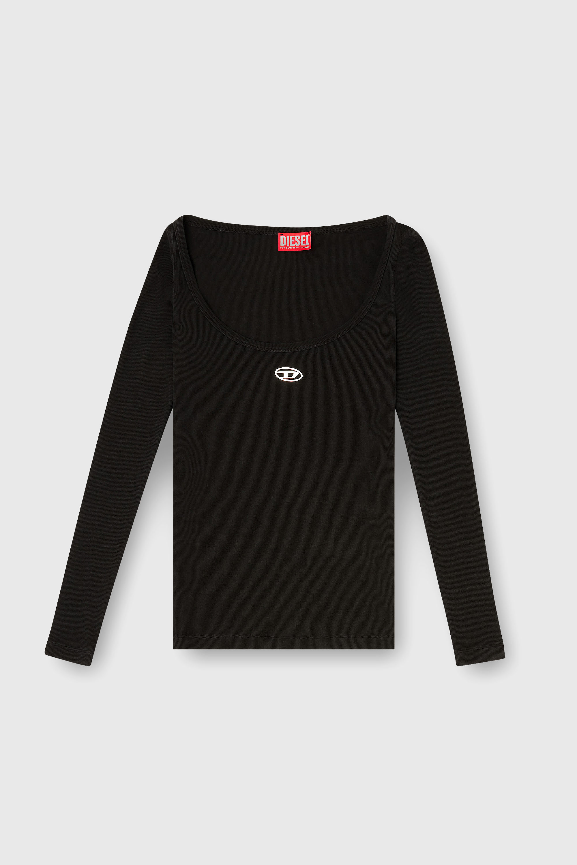 Diesel - T-BAL-OD, Top a maniche lunghe a costine con Oval D metallico Donna in Nero - 2