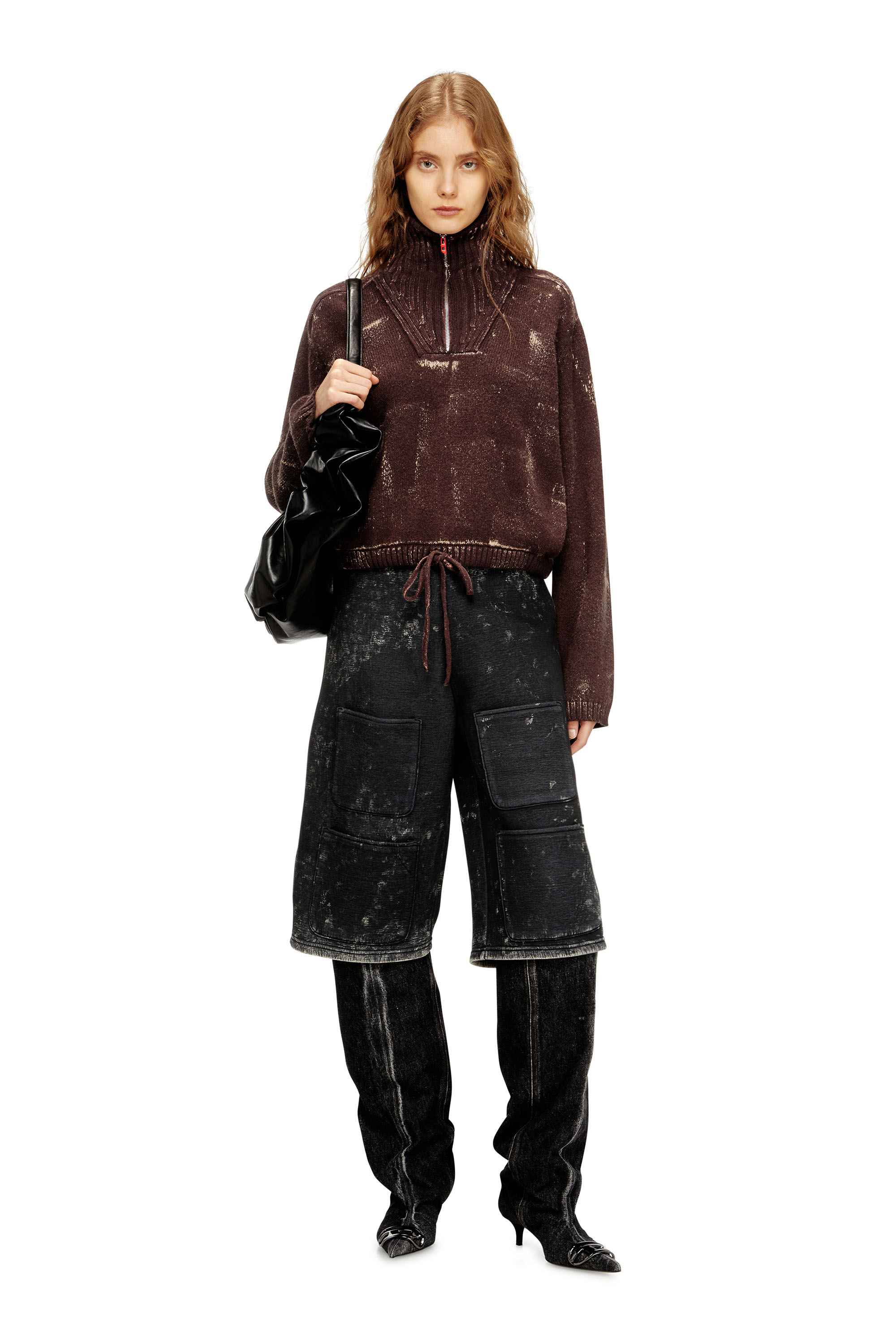 Diesel - M-MARCELLETTE, Maglia a mezza zip con effetto distressed Donna in Marrone - 2