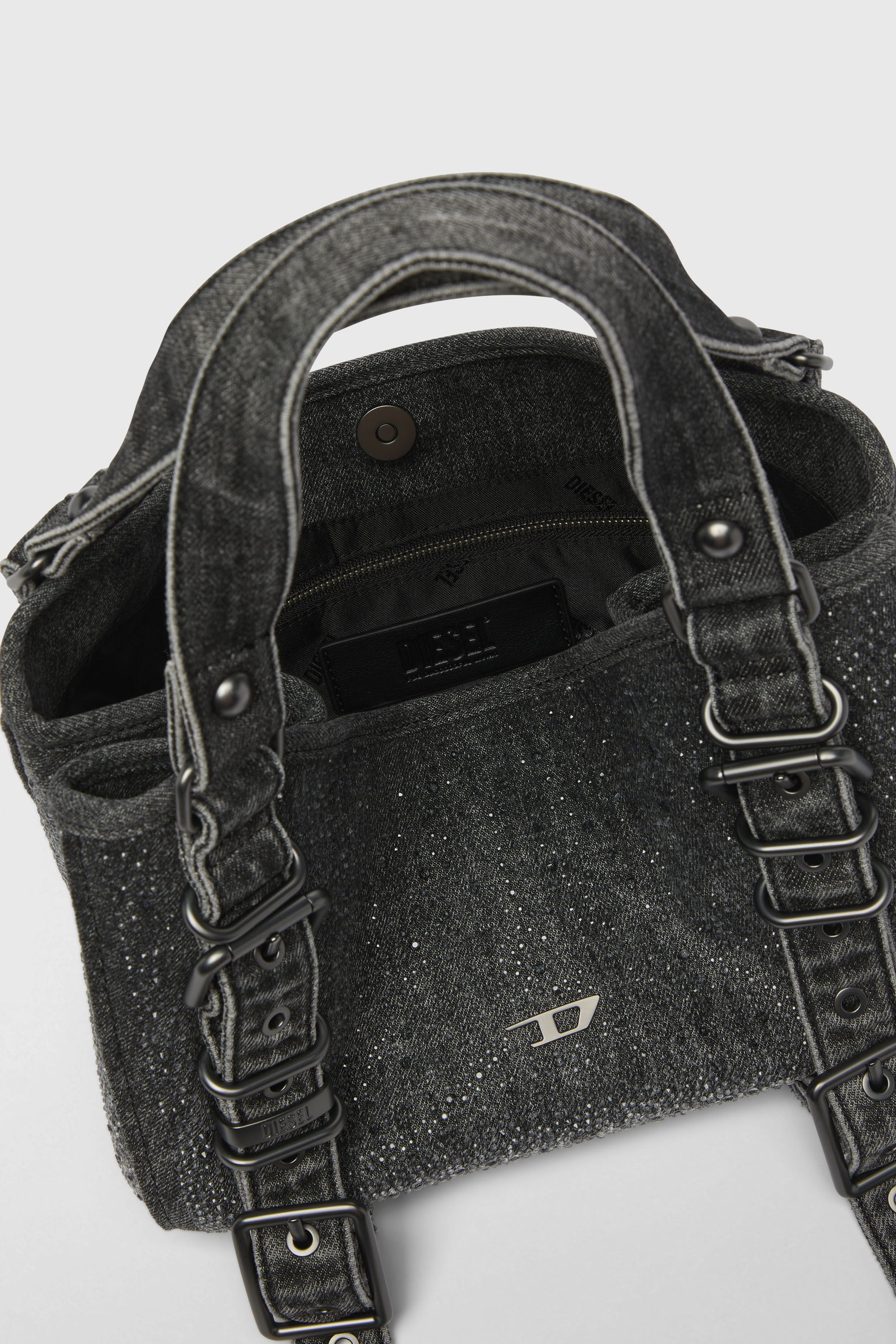 Diesel - D-ONE TOPHANDLE S, D-One-Borsa piccola a mano in denim solarizzato con cristalli Donna in Nero - 3