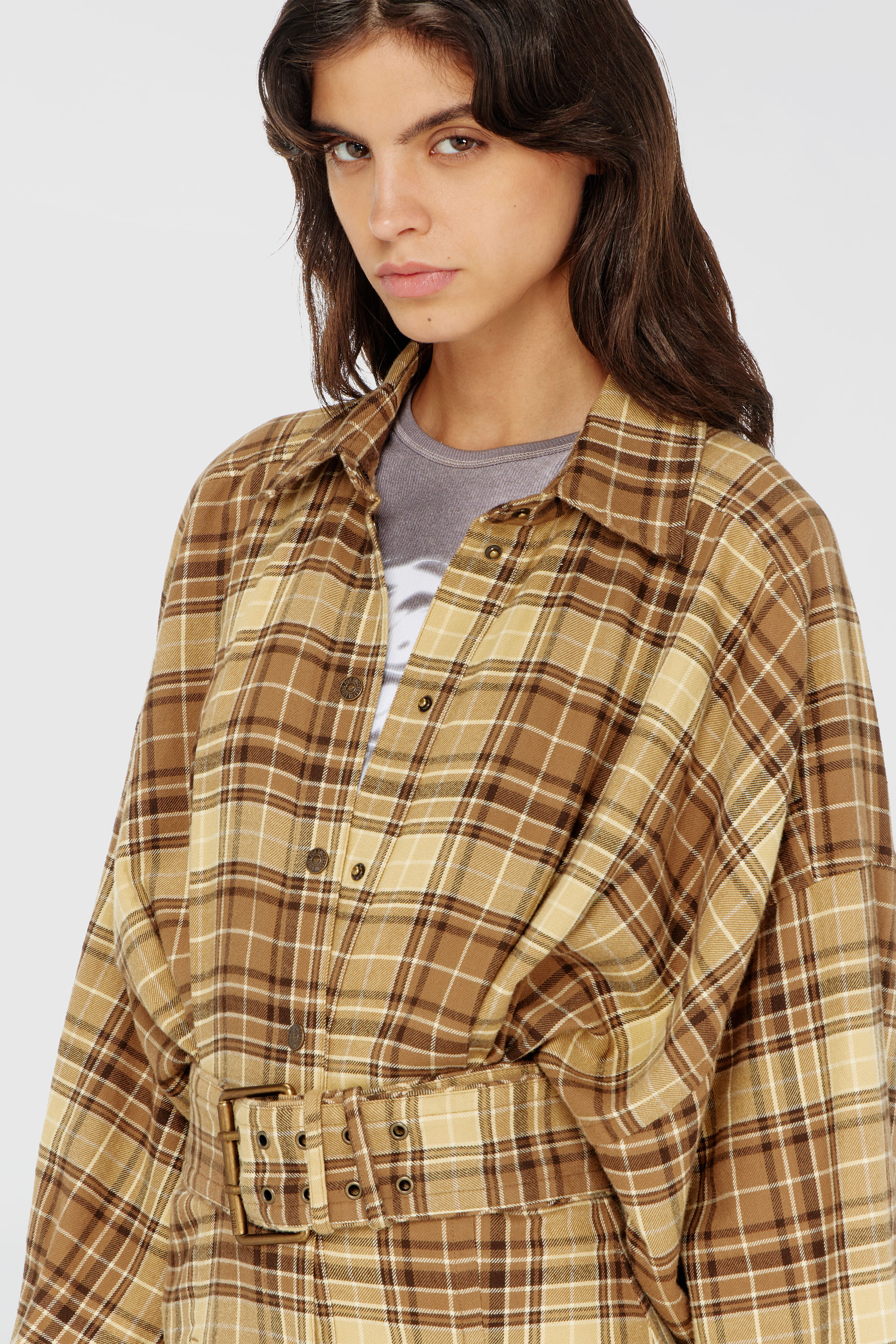 Diesel - D-EDALUS, Woman's Midi dress in check flannel with wide belt in Brown/Yellow - 5