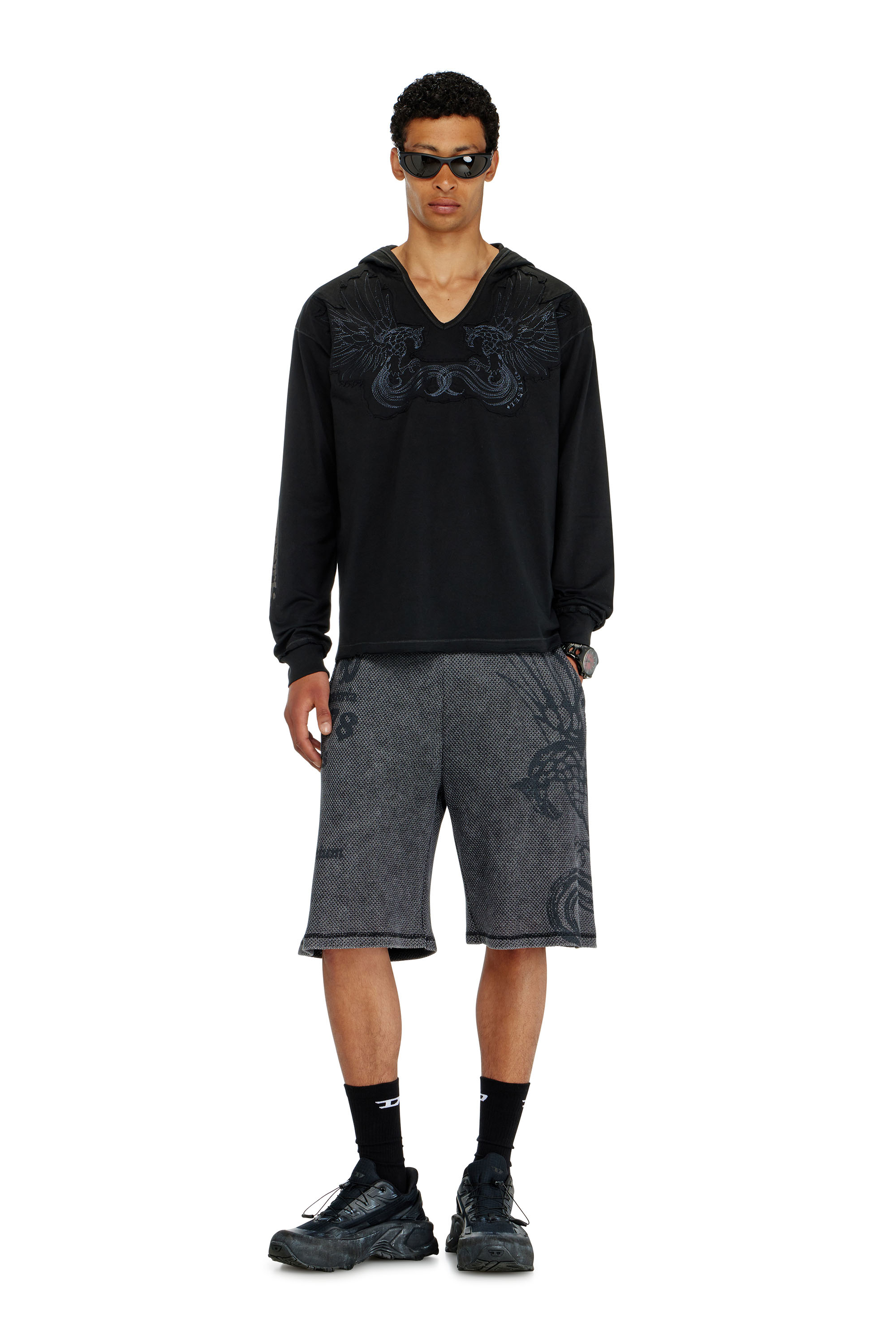 Diesel - T-PHEN-LS-HOOD-RIB, Hoodie con scollo a V e ricamo frontale Uomo in Nero - 1