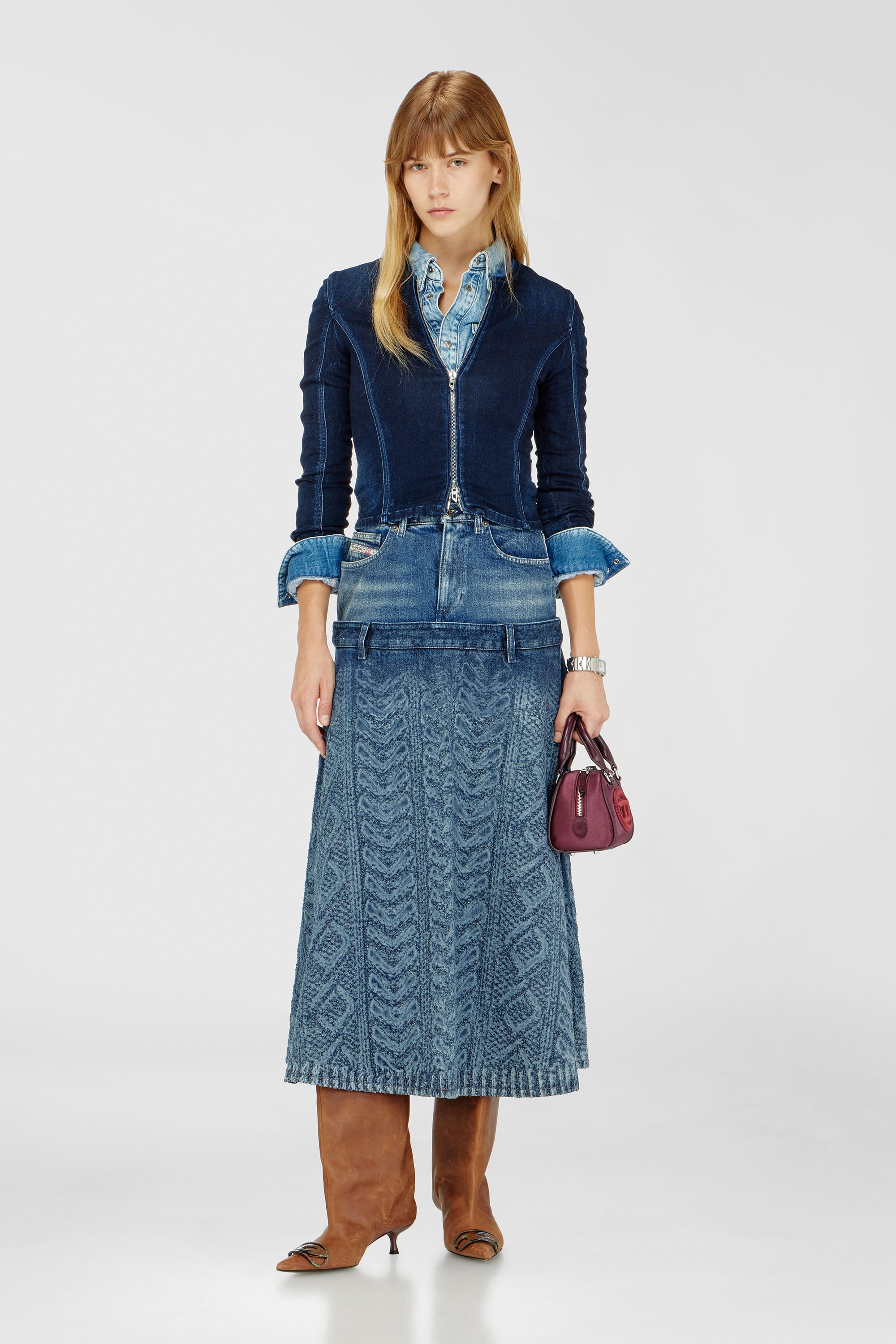 Diesel - DE-VORYA-S1, Gonna midi in denim effetto maglia a trecce Donna in Blu - 1