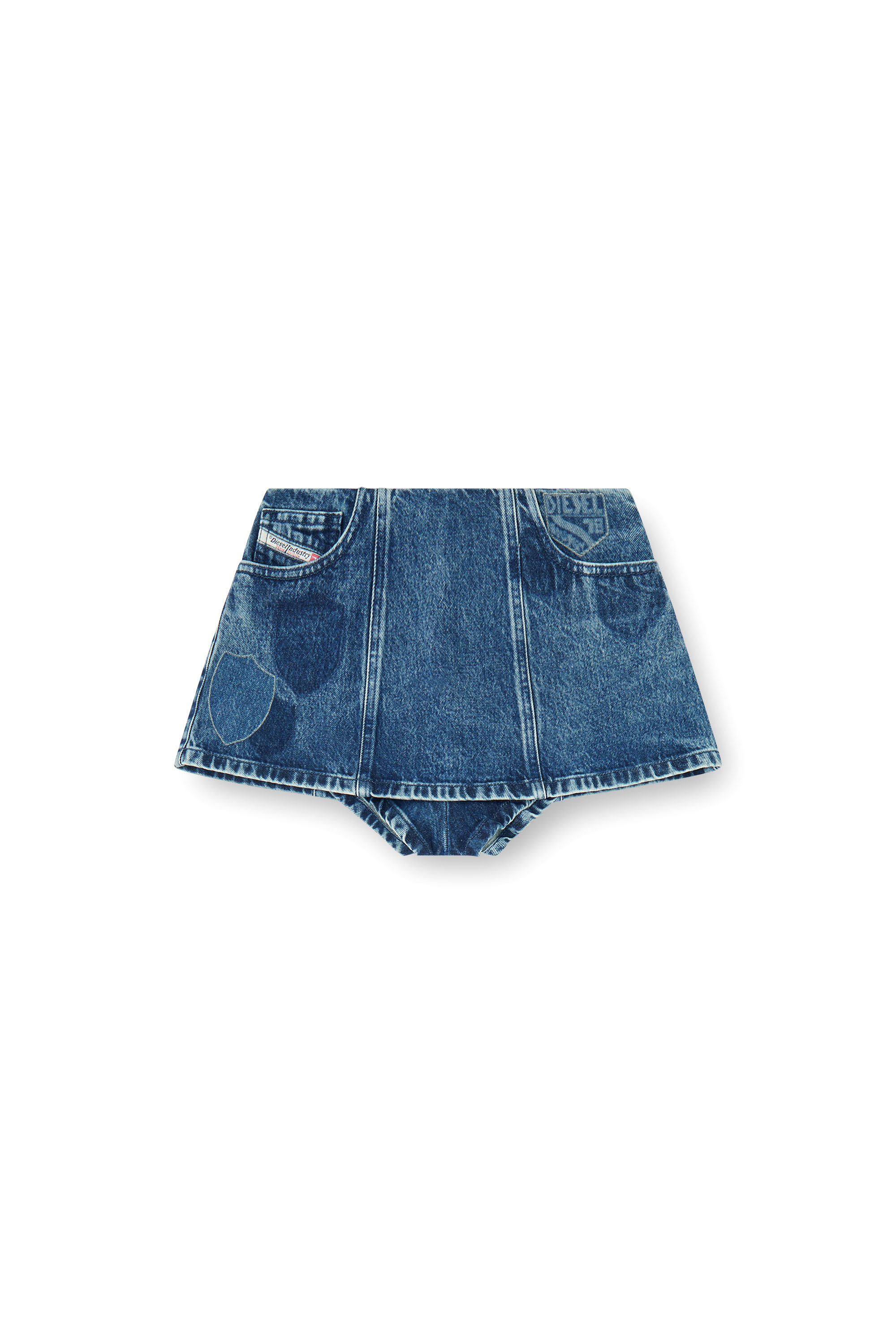 Diesel - DE-FIROVA-S, Pantaloni corti in denim con patch effetto shadow Donna in Blu - 2