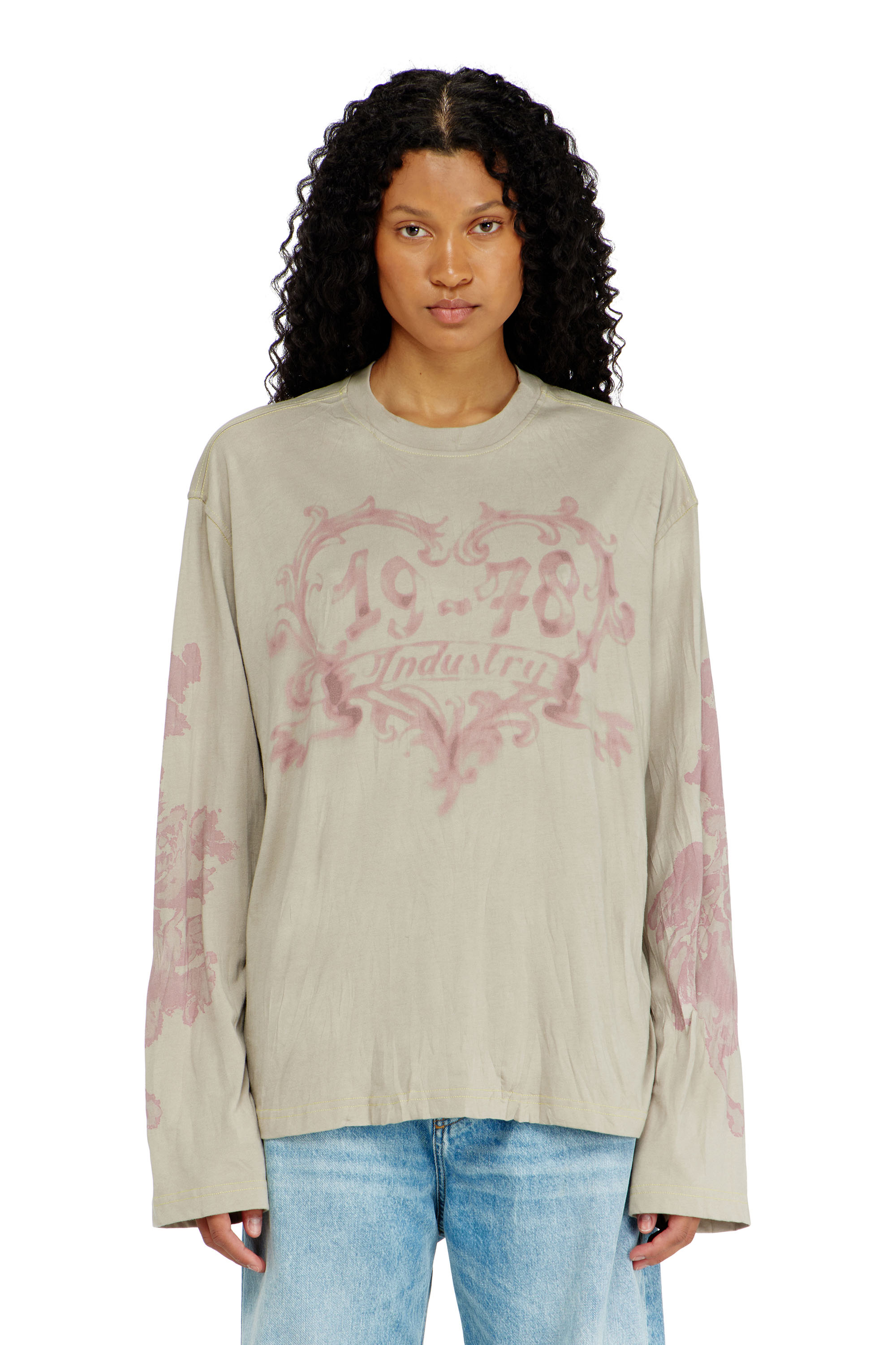 Diesel - T-HILARY-LS-AA1, T-shirt a manica lunga in cotone con stampa grafica Donna in Beige - 1