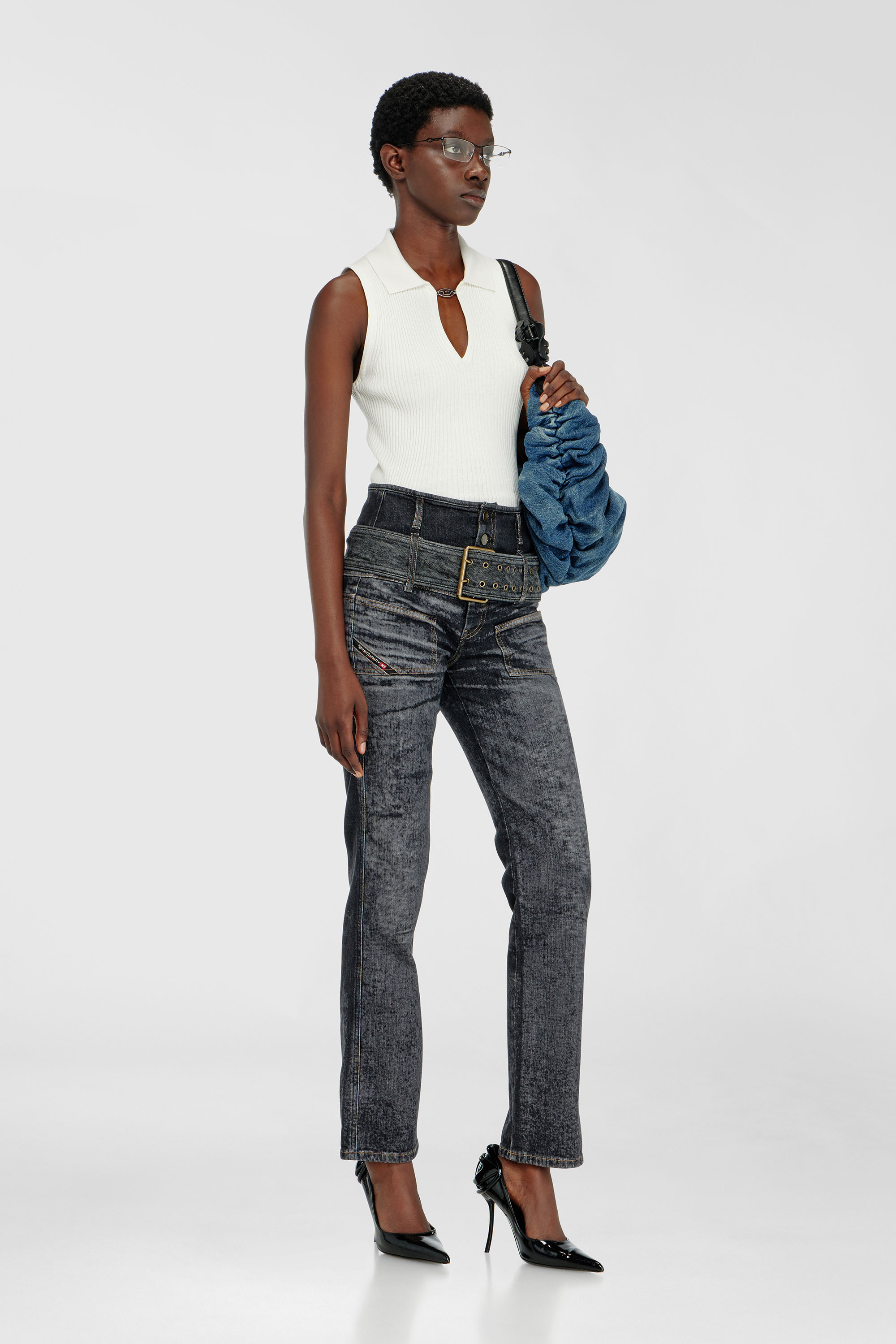 Diesel - M-LILITA, Top polo smanicato a costine in misto seta Donna in Bianco - 2