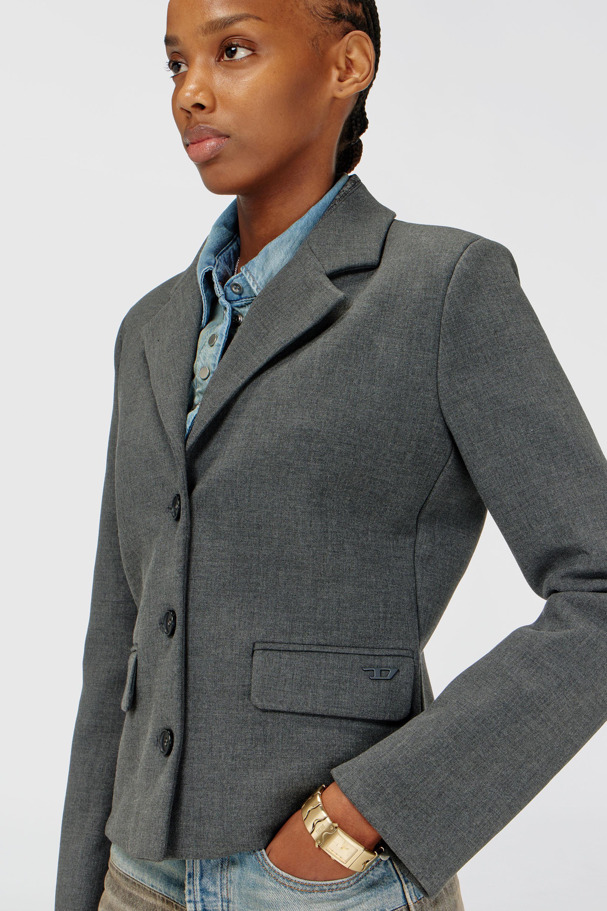 Diesel - G-LINTY, Blazer cropped con collo rifinito in denim Donna in Grigio - 5
