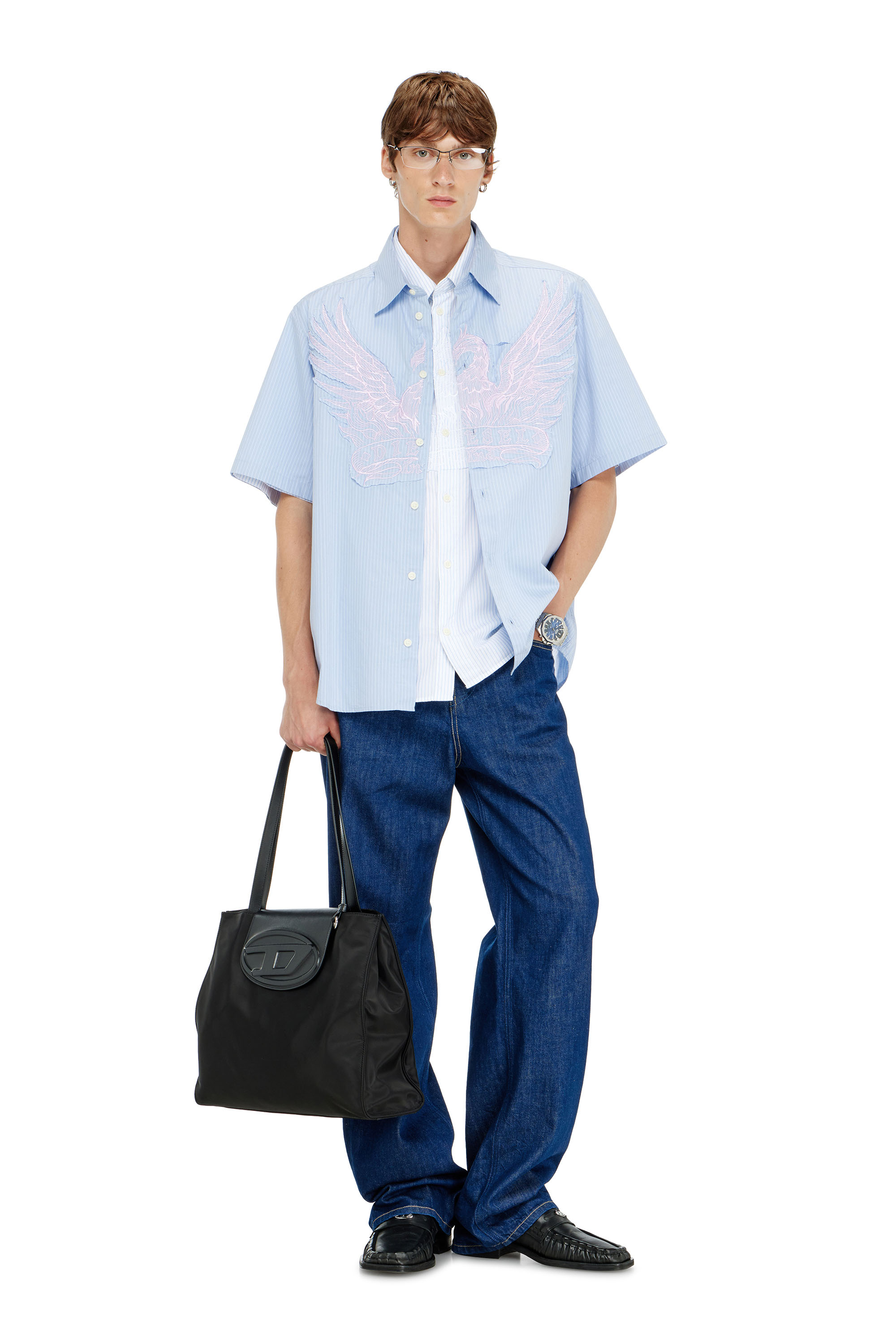 Diesel - S-SIMPLY-SS-AGCZ, Camicia in popeline a righe con patch ricamato Uomo in Blu - 2