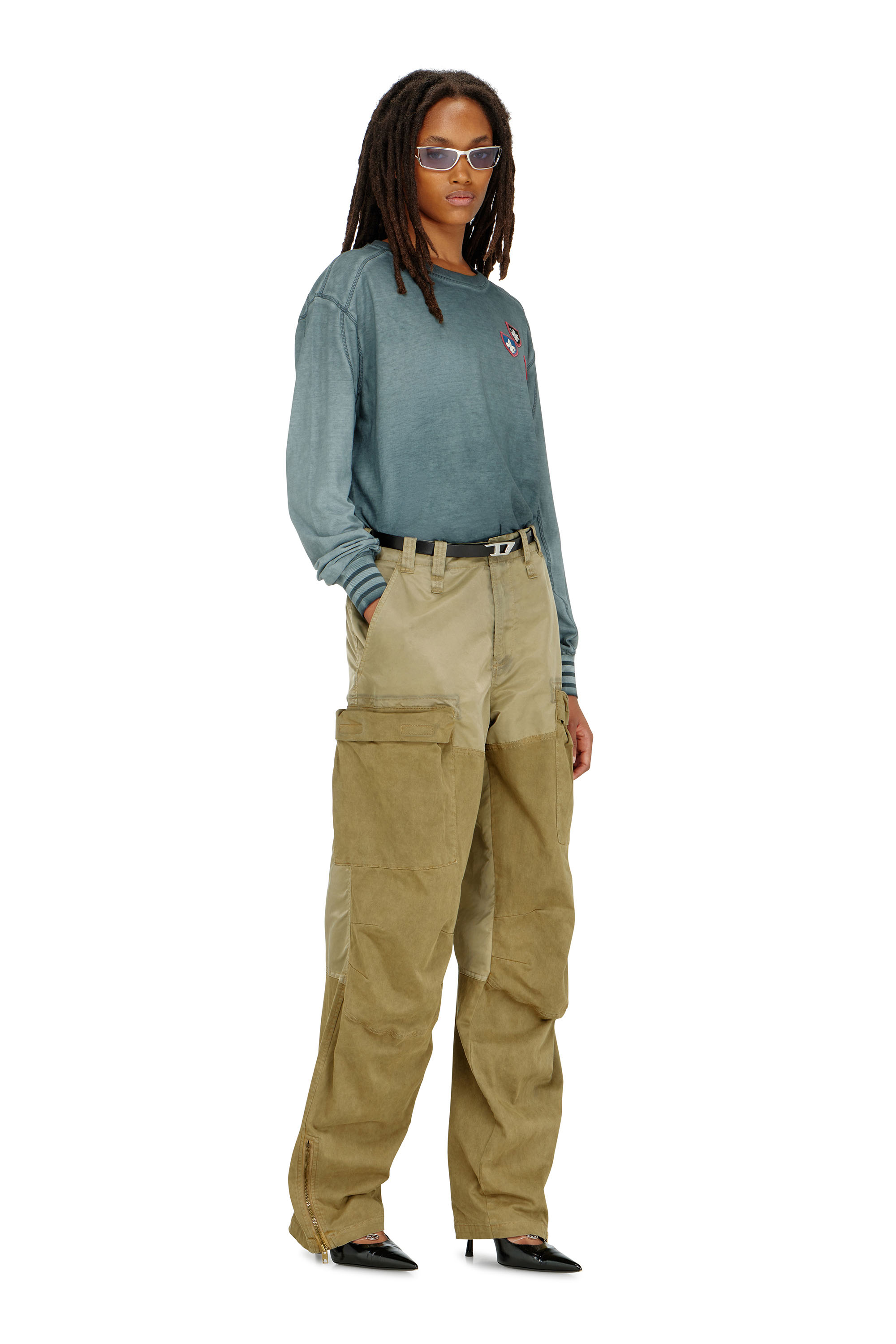 Diesel - T-BAWYE-LS, T-shirt con patch e inserti microwaffle Donna in Blu - 2