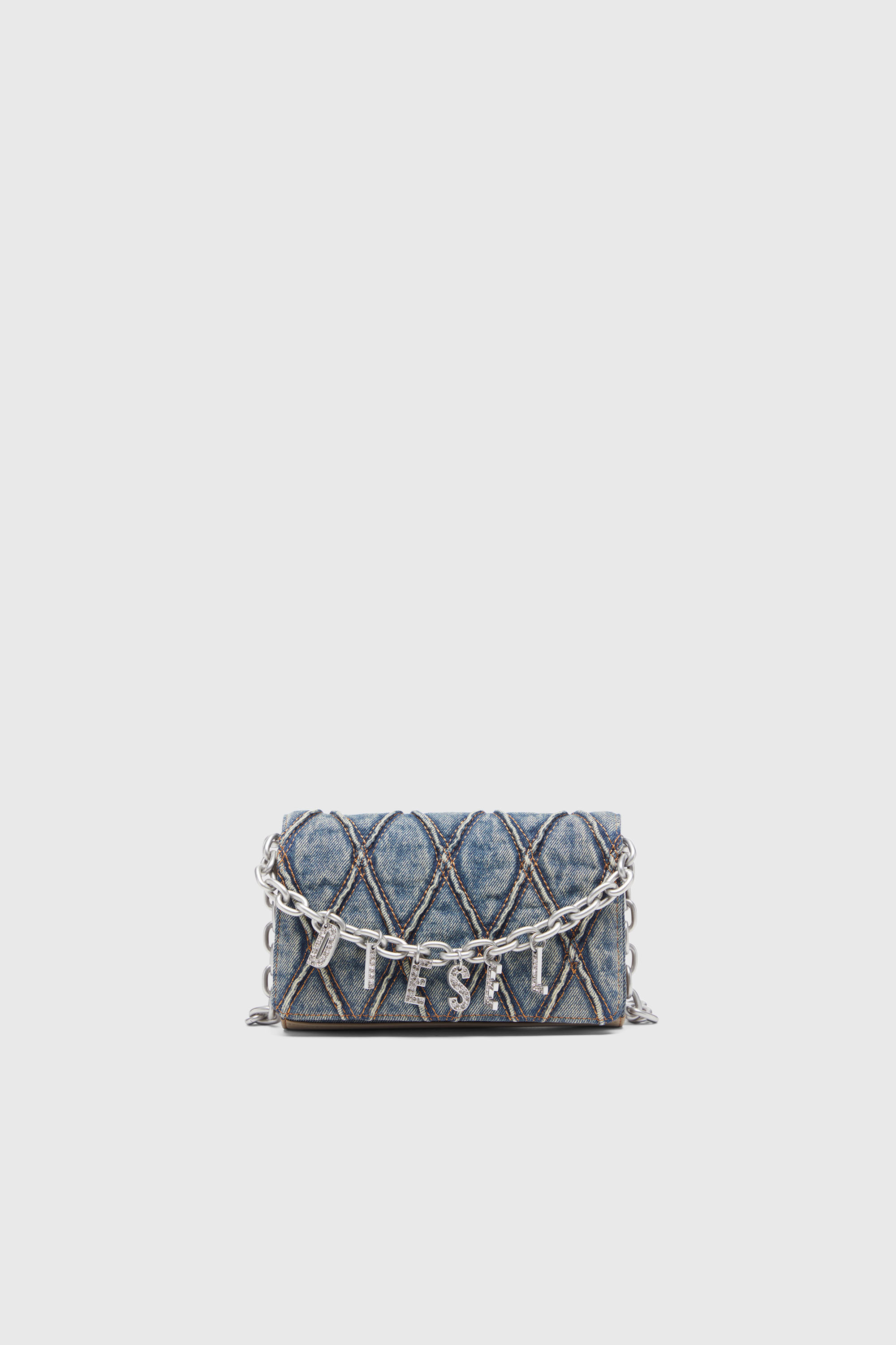 Diesel - CHARM-D WALLET STRAP, Portafoglio con tracolla in denim a rombi Donna in Blu - 1