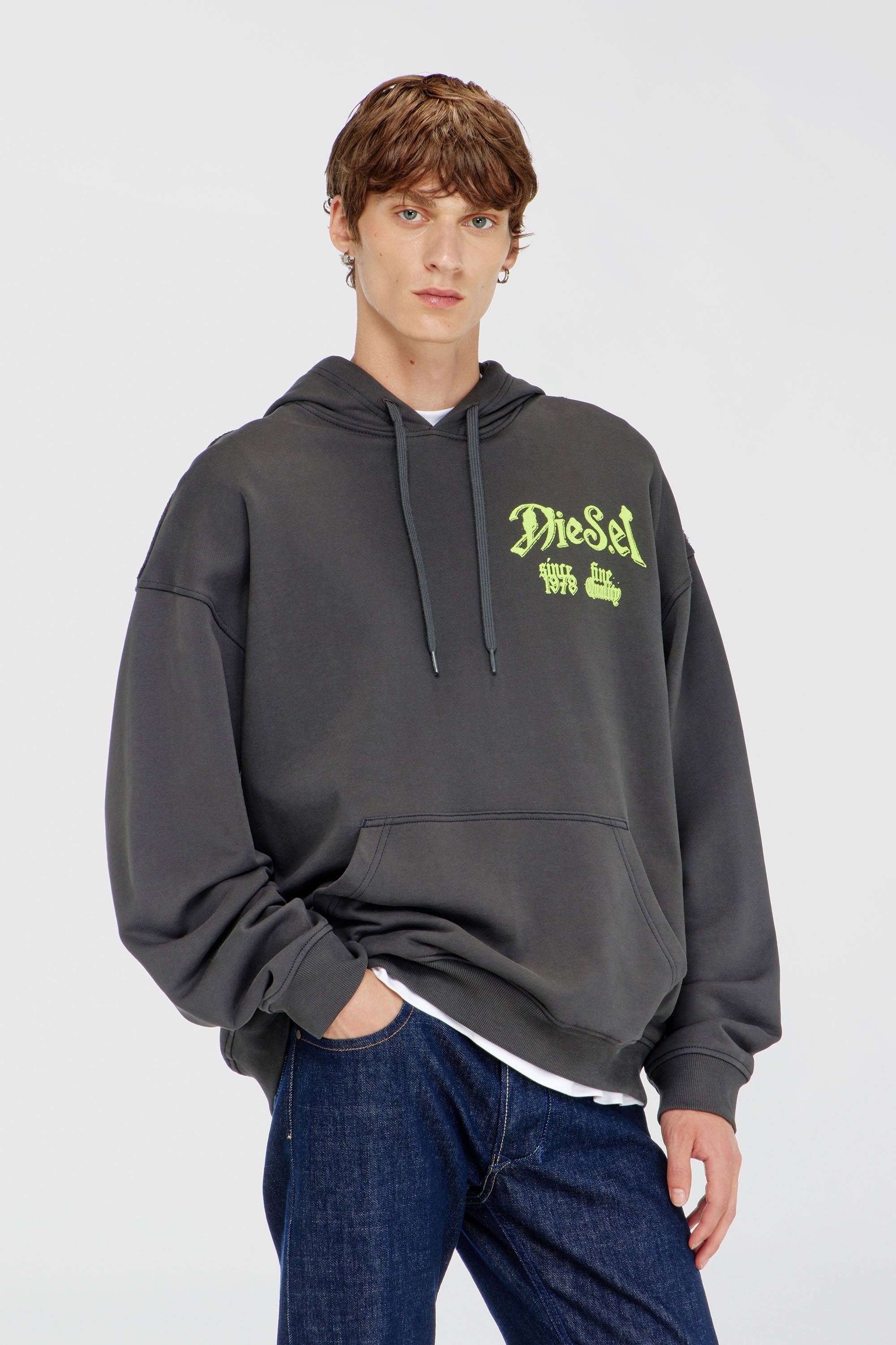 Diesel - S-BOXT-HOOD-AA2, Felpa in cotone con grafiche floccate Uomo in Grigio - 1