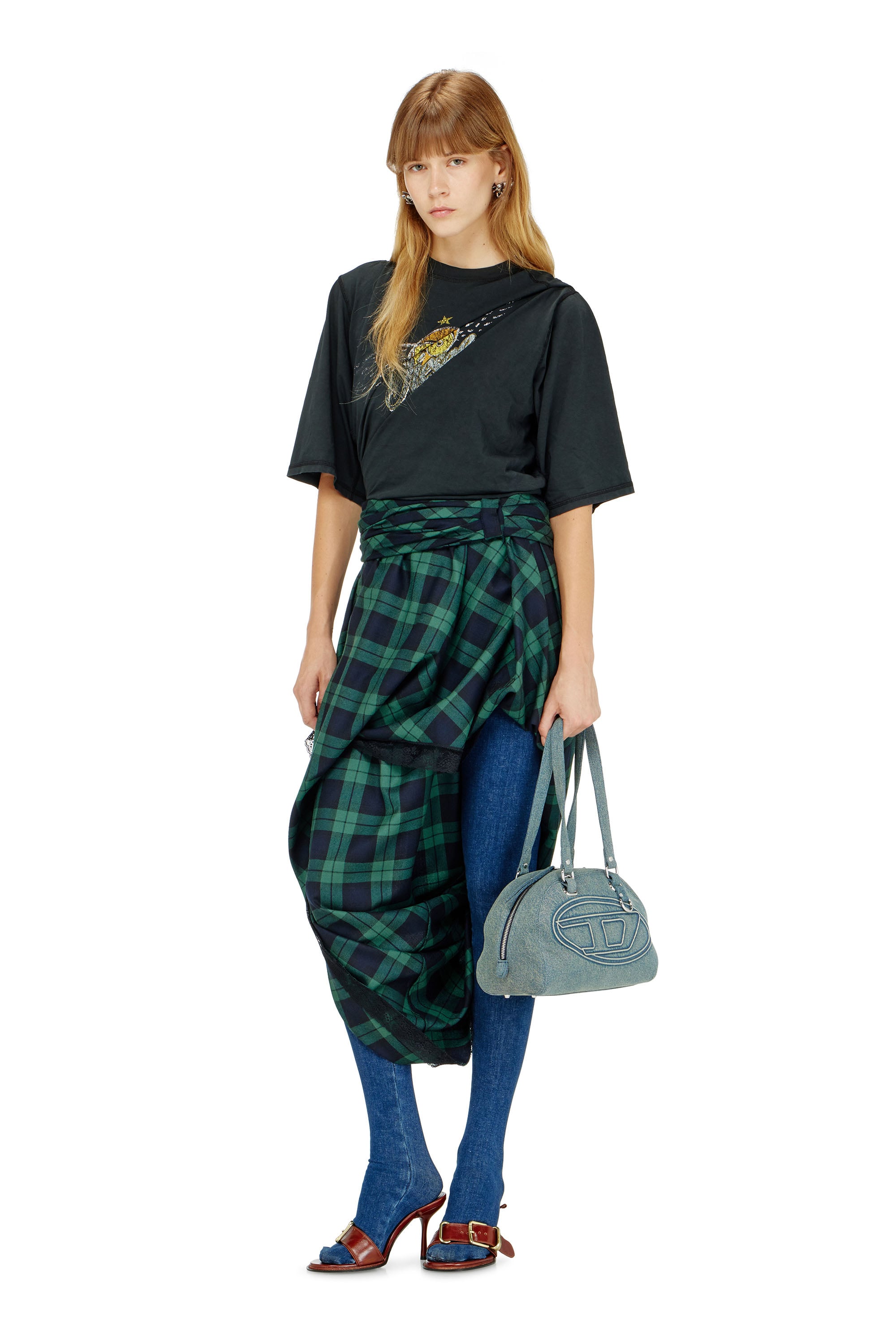 Diesel - O-WINNY, Gonna midi tartan drappeggiata con bordo in pizzo Donna in ToBeDefined - 1