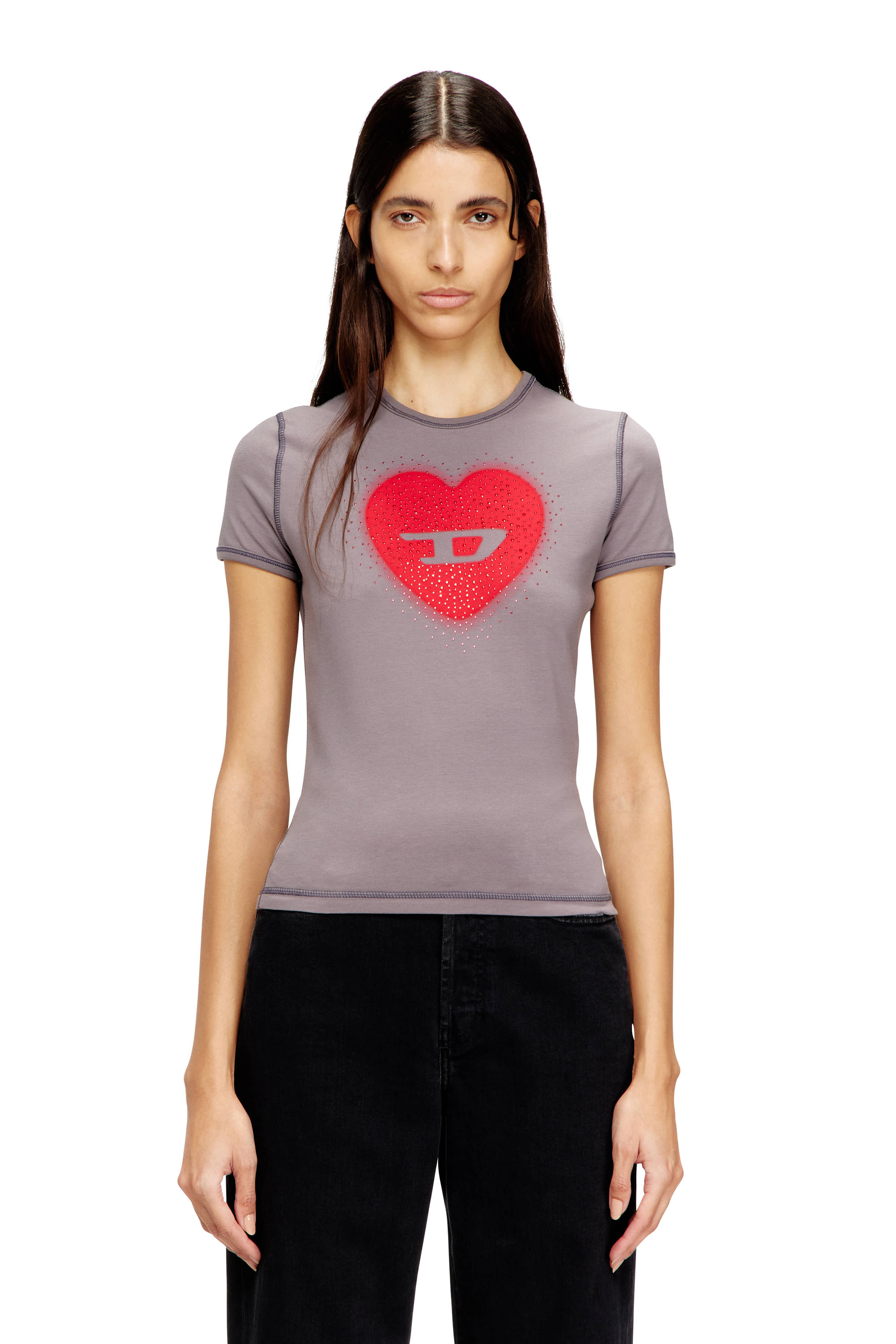 Diesel - T-UNCUTIES-LONG-S5, T-shirt slim con stampa a cuore e borchie Donna in Grigio - 1