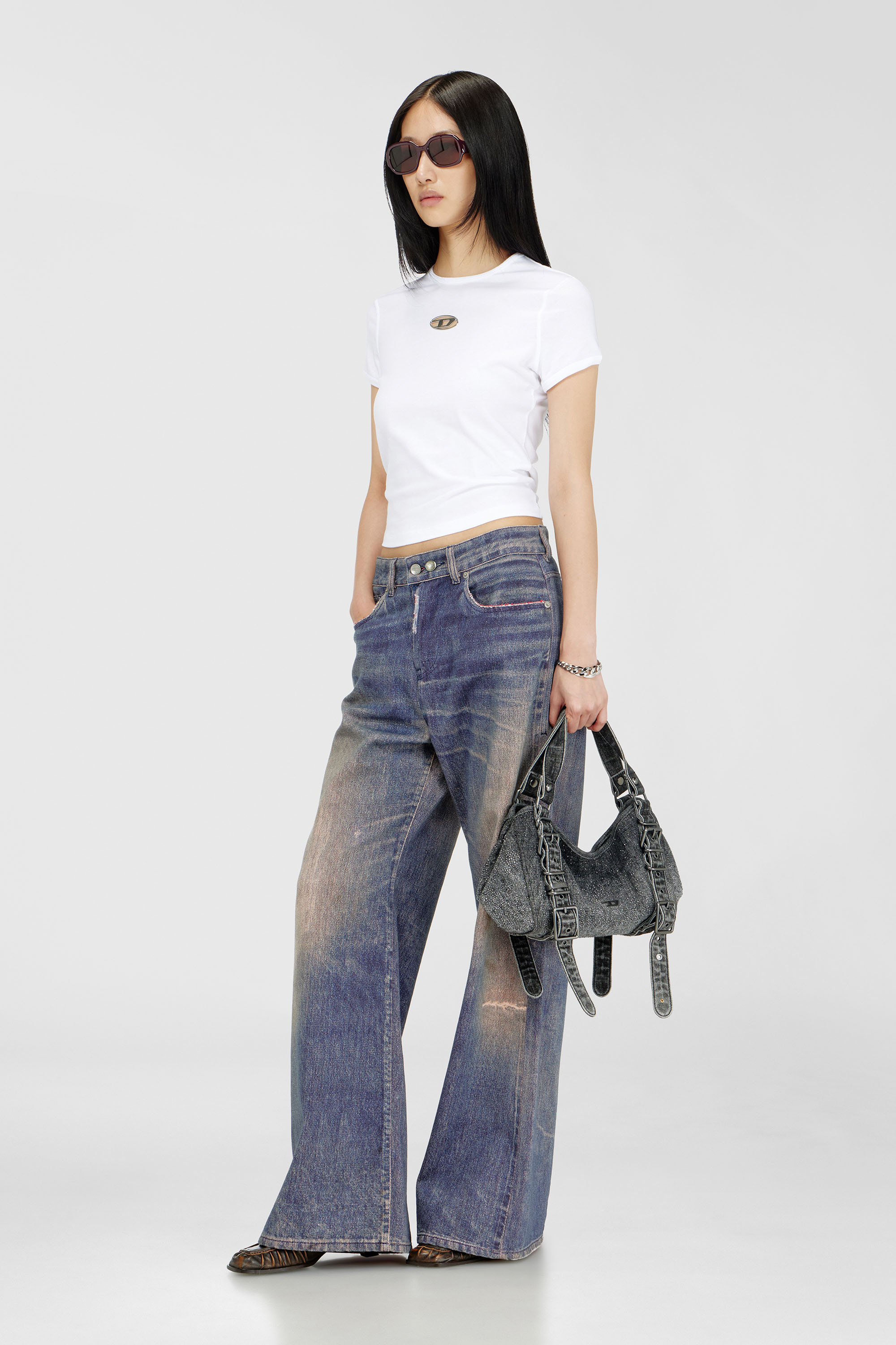 Diesel - D-ONE TOPHANDLE S, D-One-Borsa piccola a mano in denim solarizzato con cristalli Donna in Nero - 2