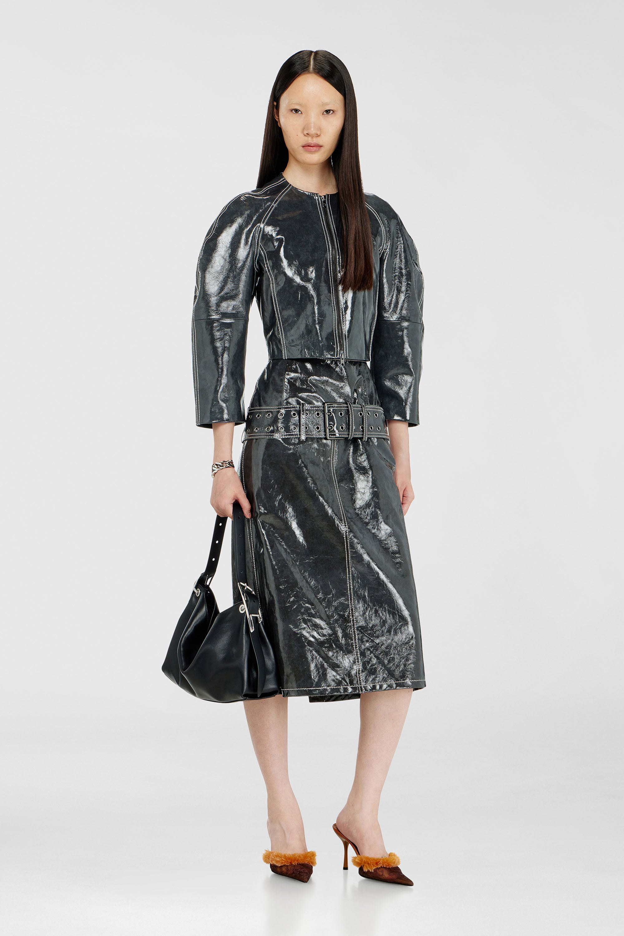 Diesel - L-ASCAR, Gonna midi in vernice con cintura Donna in Grigio - 1