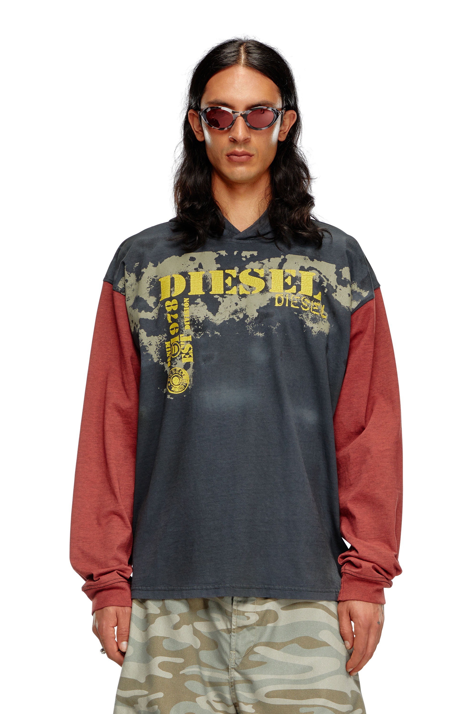 Diesel - T-BOXT-LS-HOOD, Hoodie leggero a maniche lunghe effetti dirty Uomo in Grigio - 1