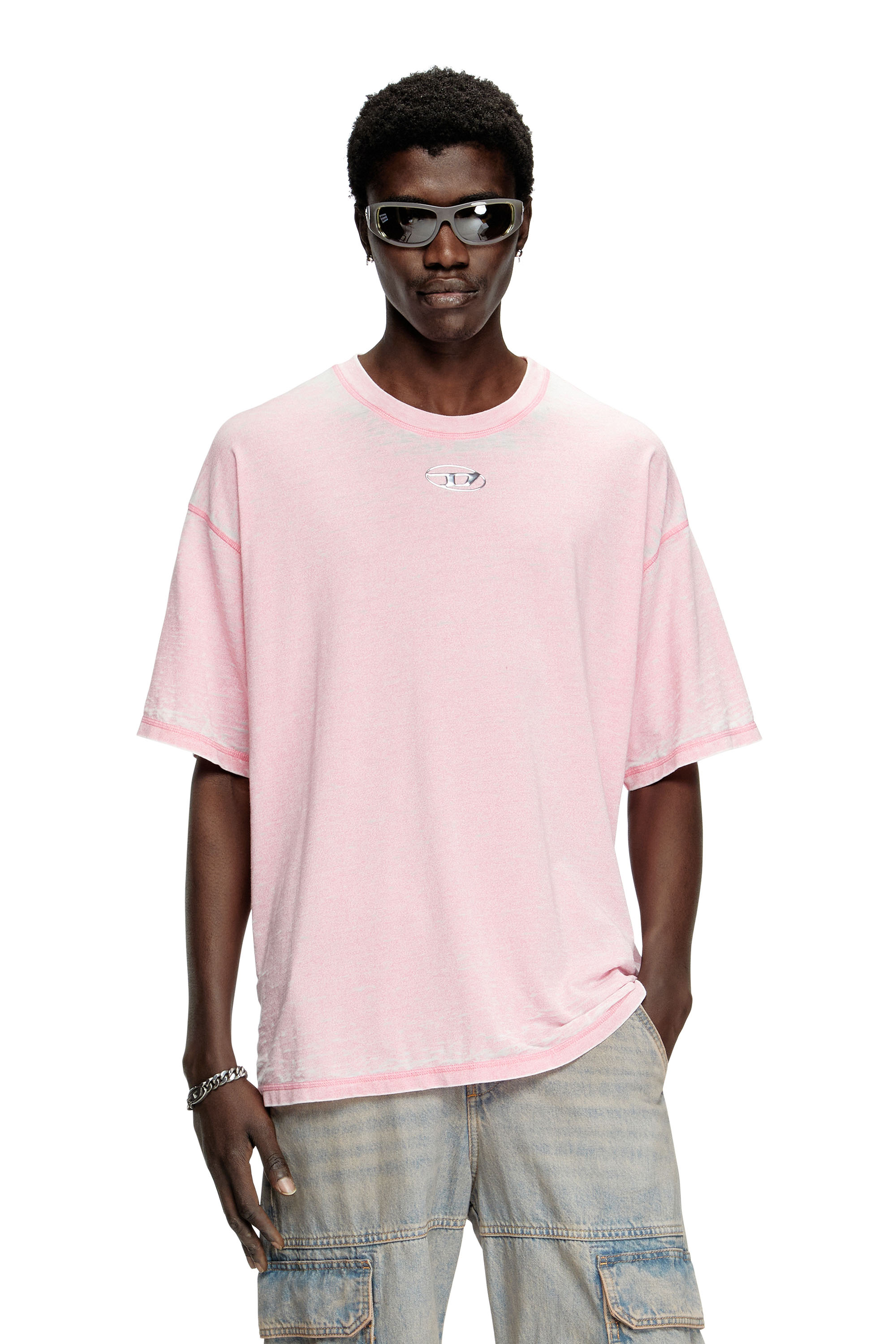 Diesel - T-BOXT-PAK, T-shirt con burnout e logo effetto cromato Uomo in Rosa - 1