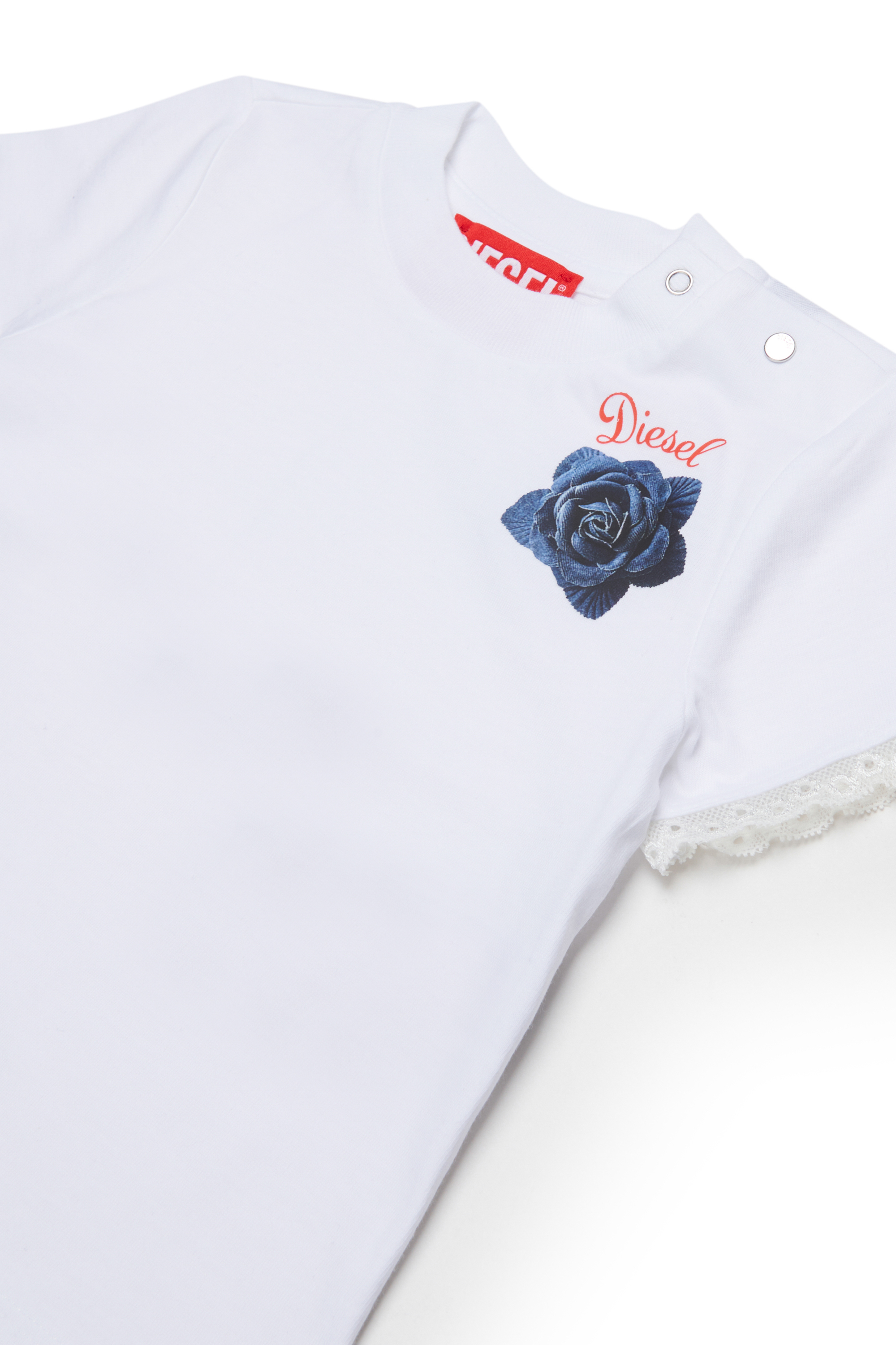 Diesel - TROSEZB, T-shirt con inserti in pizzo e stampa rosa Donna in Bianco - 3