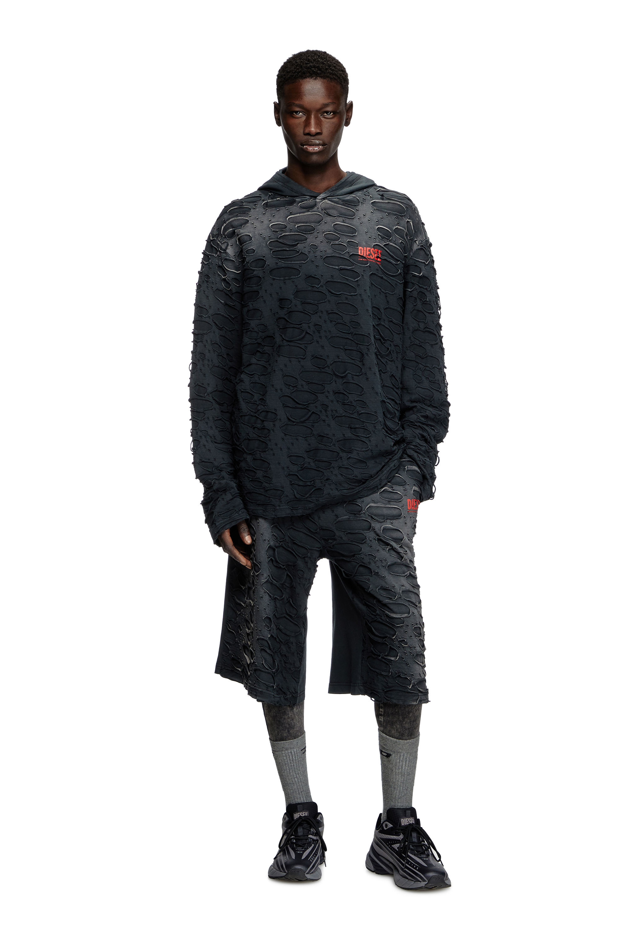 Diesel - T-CRANE-LS-HOOD, Hoodie leggero con buchi Uomo in Nero - 1