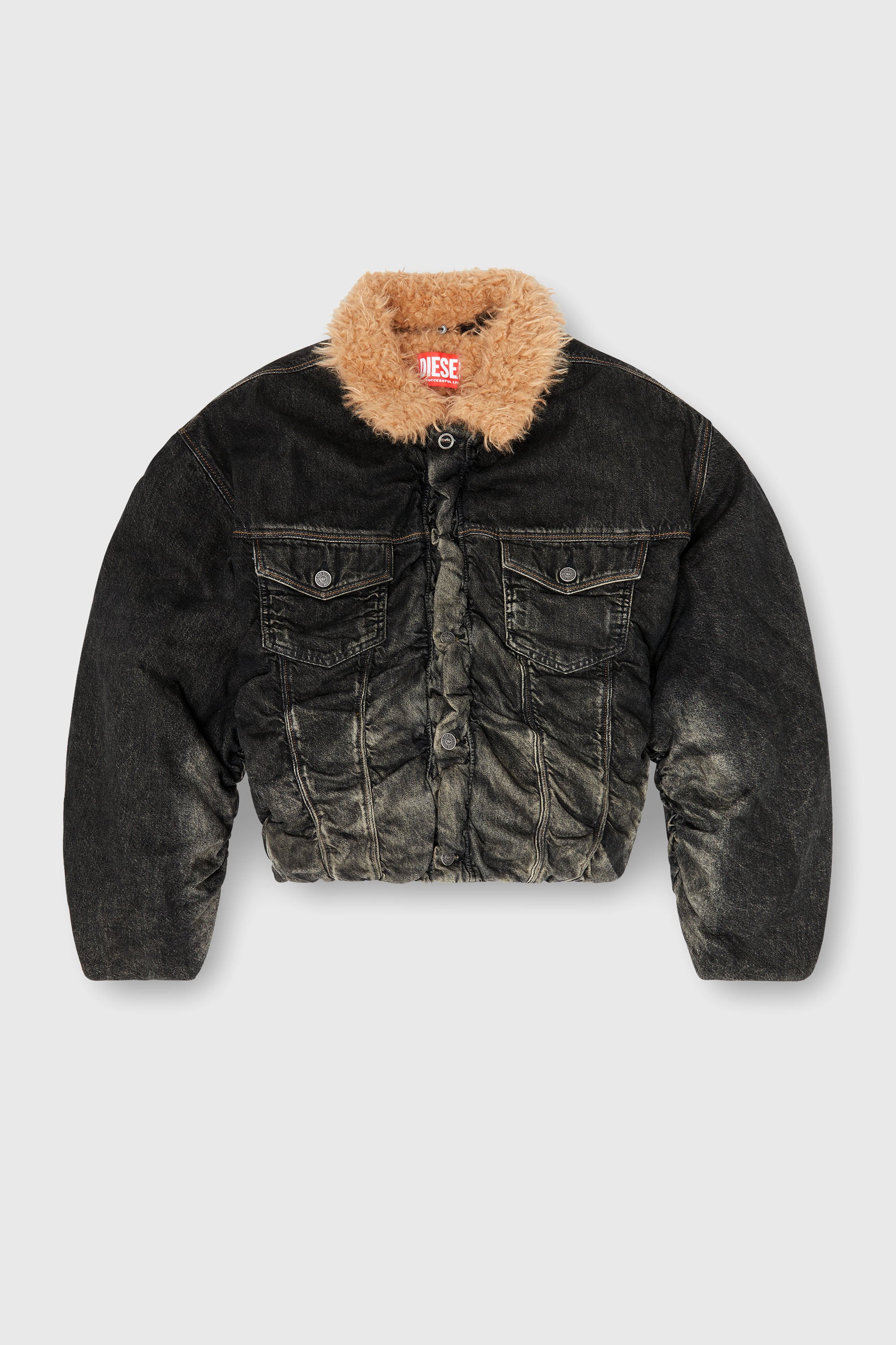 Diesel - D-CURLY-FSJ, Giacca trucker foderata in teddy in denim effetto dirty Unisex in Nero - 2