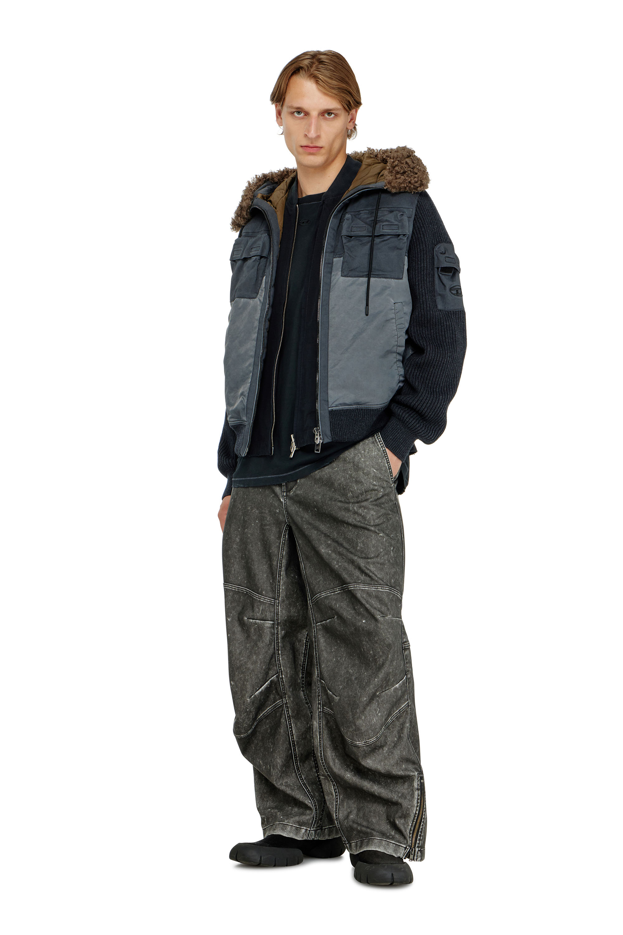 Diesel - W-DELLS, Man's Hooded padded jacket with knitted sleeves in Dark Blue - 1