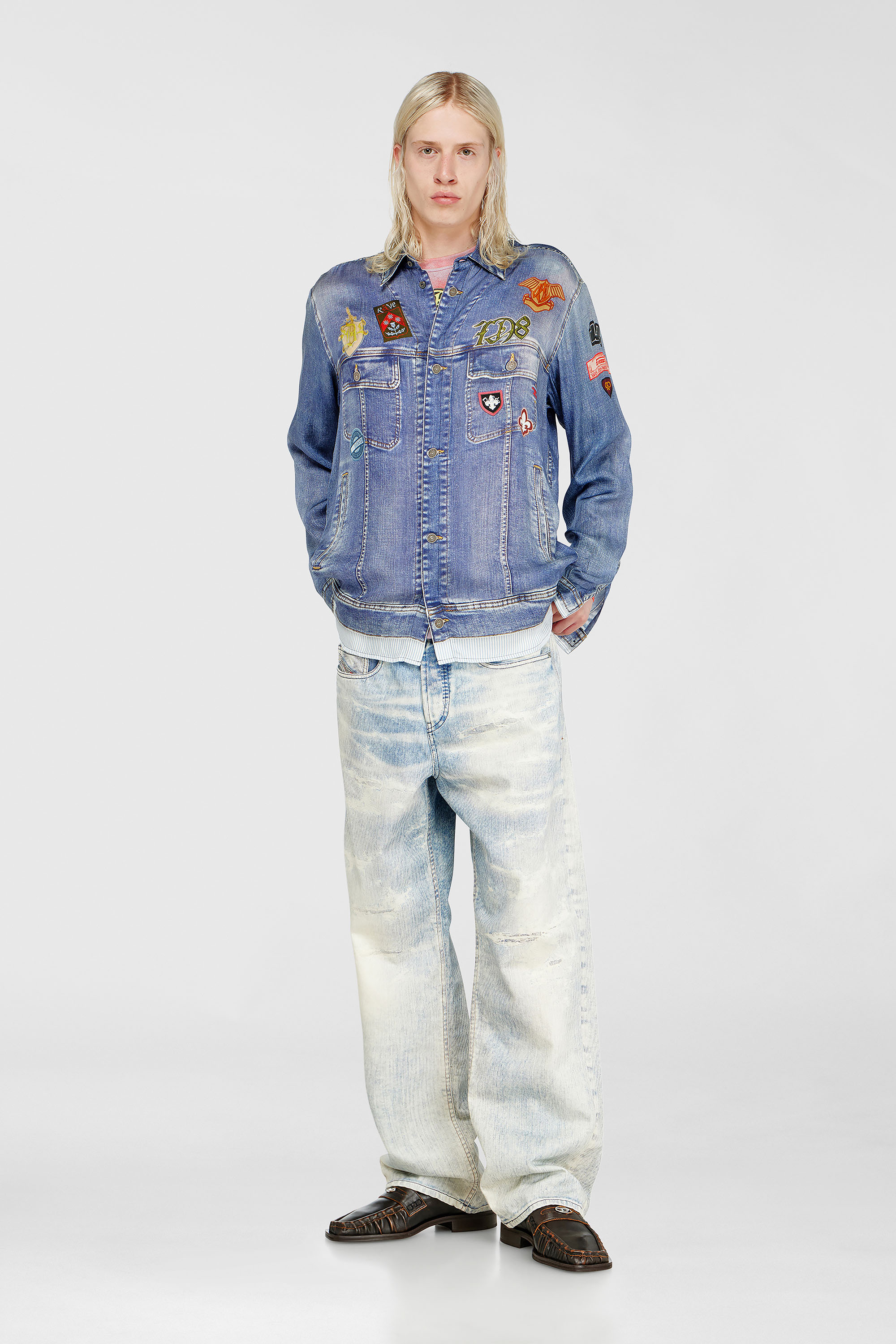 Diesel - S-SIMPLY-PATCH, Camicia in raso con stampa trompe-l'oeil denim Uomo in Blu - 2