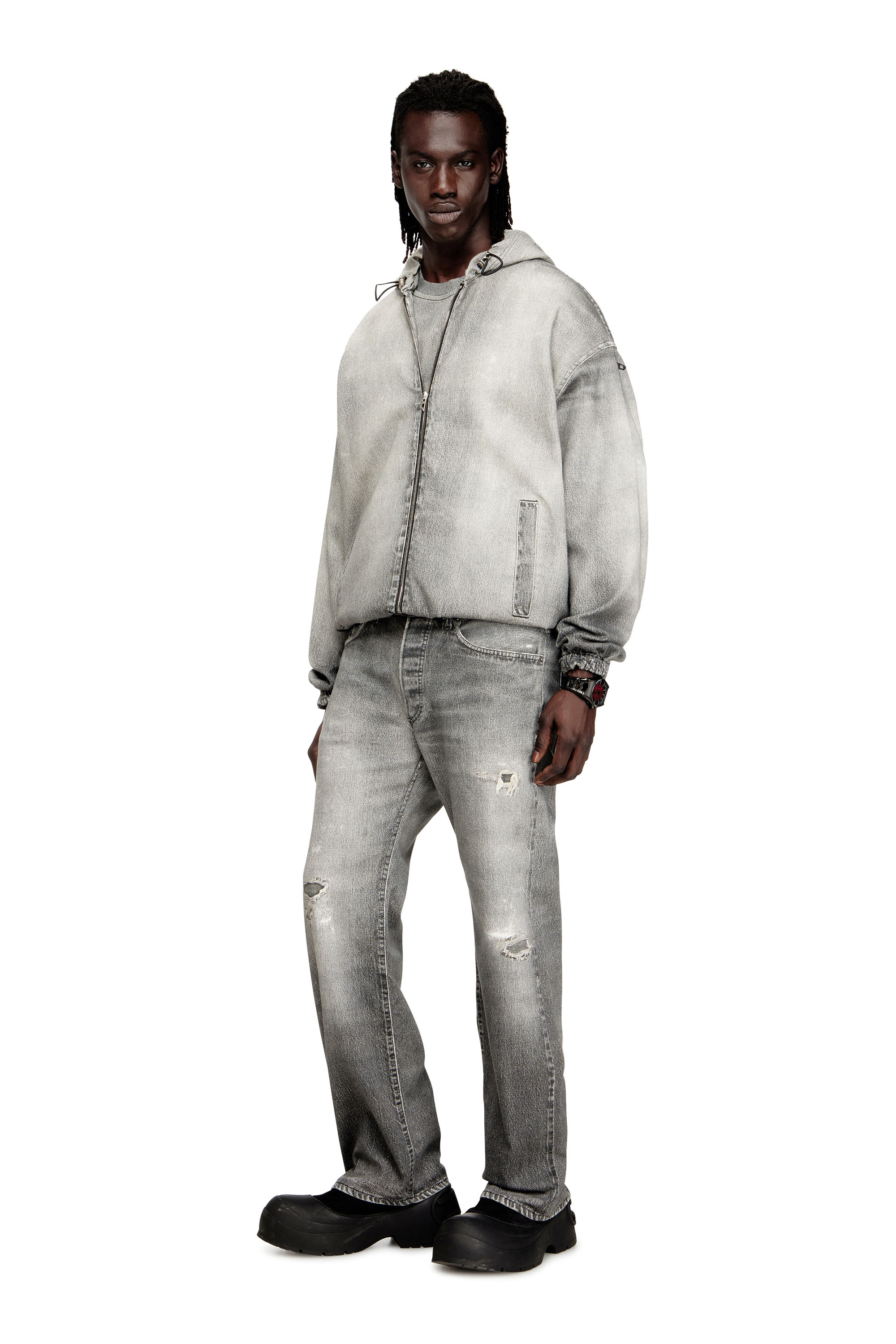 Diesel - D-WYNNY JOGG, Giacca con cappuccio in JoggJeans trompe l'oeil Uomo in Grigio - 2
