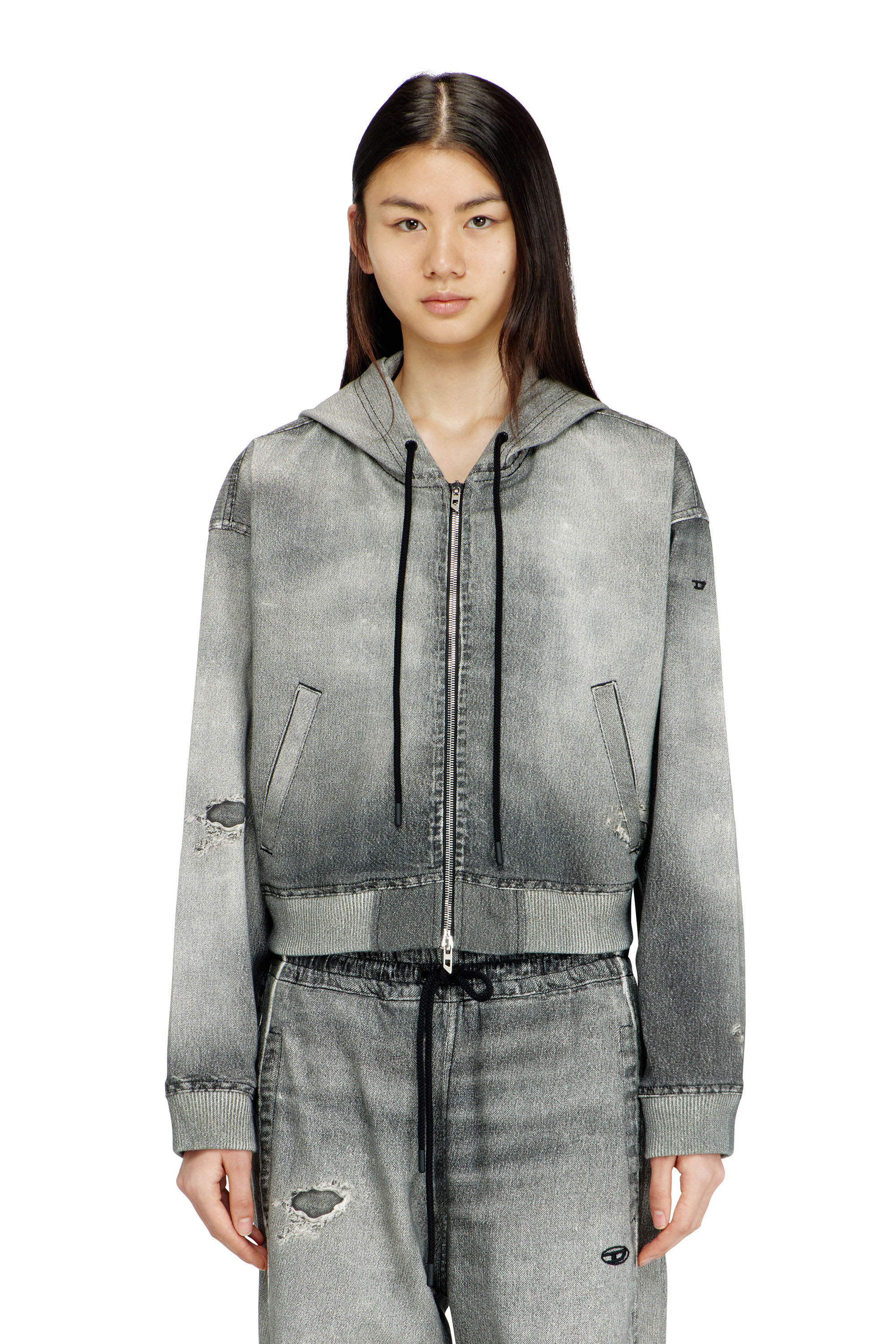 Diesel - DE-GIRI-CROP JOGG, Hoodie con zip in JoggJeans trompe l'oeil Donna in Grigio - 1