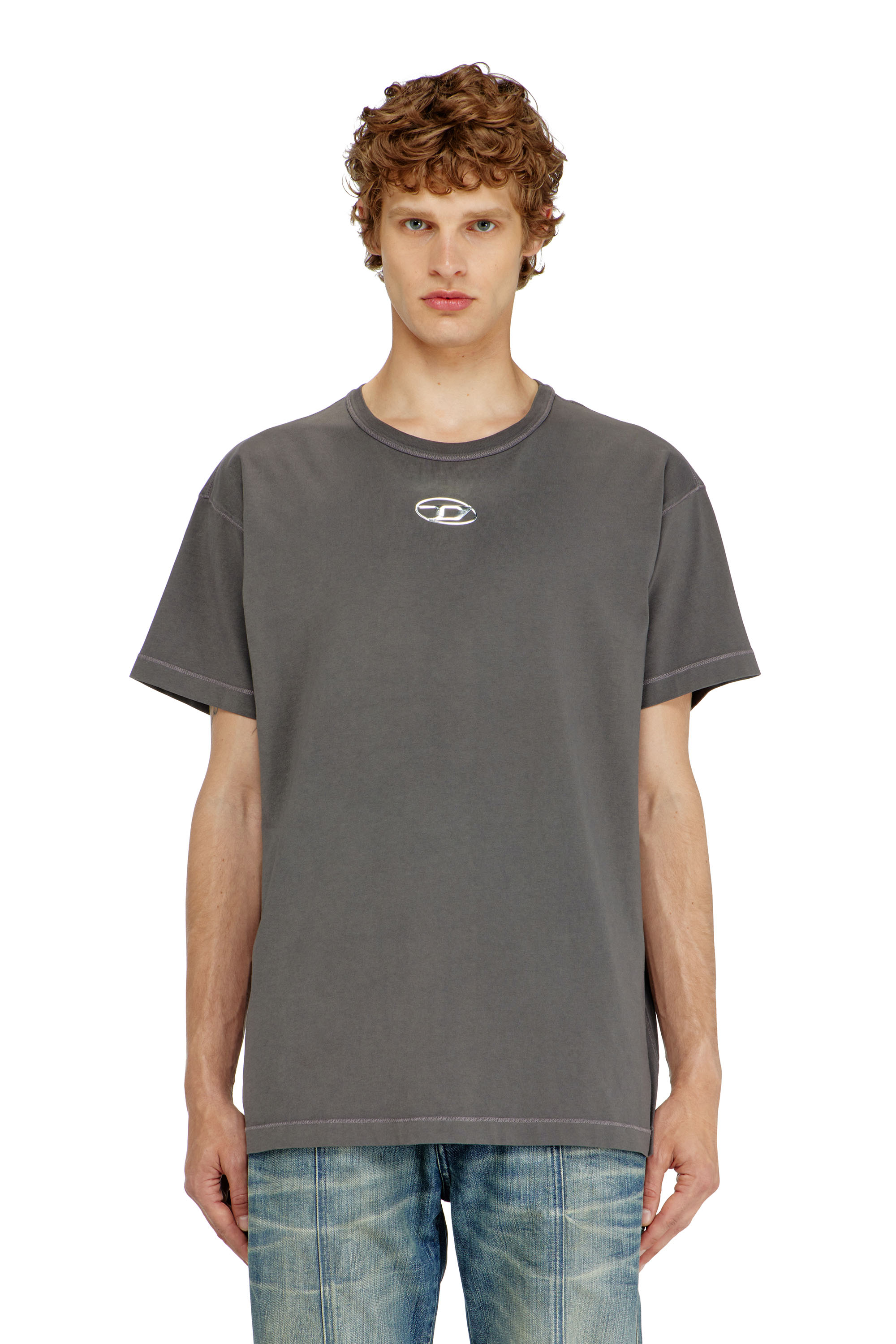 Diesel - T-NORM-IOD, T-shirt in cotone leggero con logo Oval D metallizzato Uomo in Grigio - 3