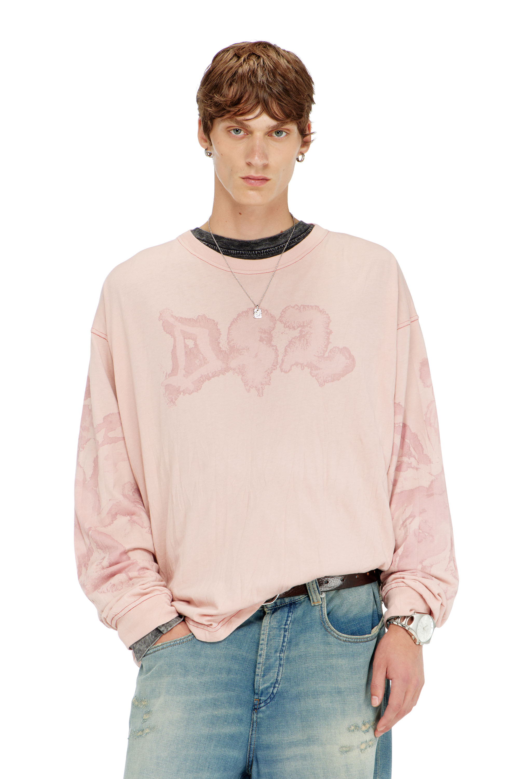 Diesel - T-BOXT-LS-AA4, T-shirt relaxed a manica lunga con stampa macchiata Uomo in Rosa - 1