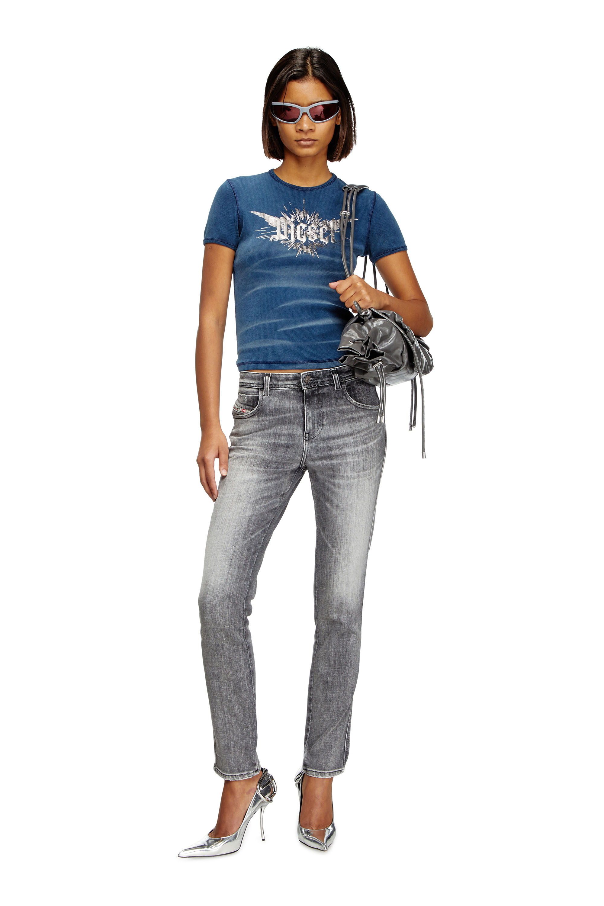 Diesel - T-ELE-LONG-P2, T-shirt con stampa Diesel laminata Donna in Blu - 2