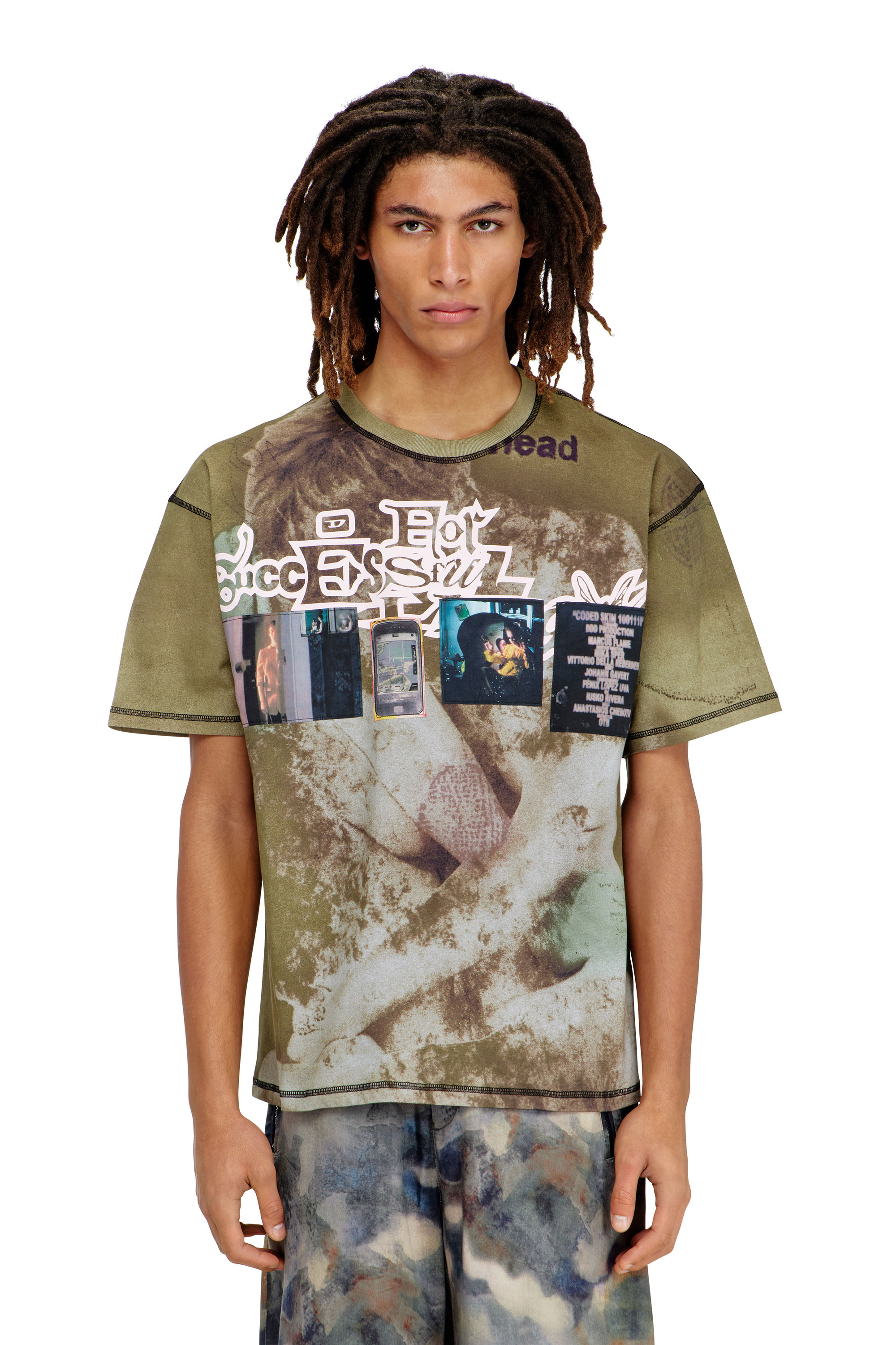 Diesel - T-BOXT-V5, Man's Relaxed T-shirt with all-over prints and patches in Green - 3