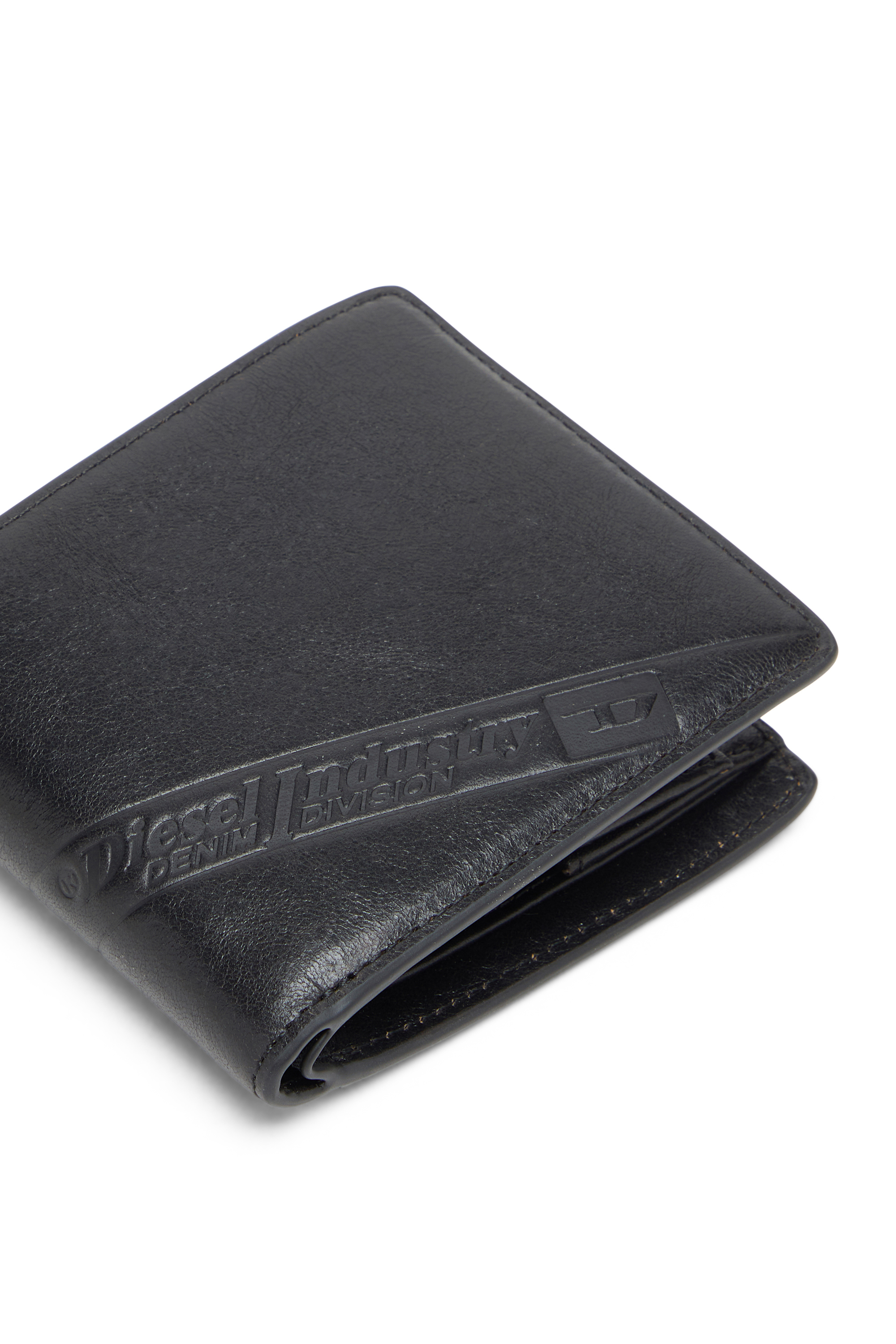 Diesel - FLAG-D BI-FOLD COIN S 3D, Portafoglio in pelle a doppia piega con logo in rilievo Uomo in Nero - 4