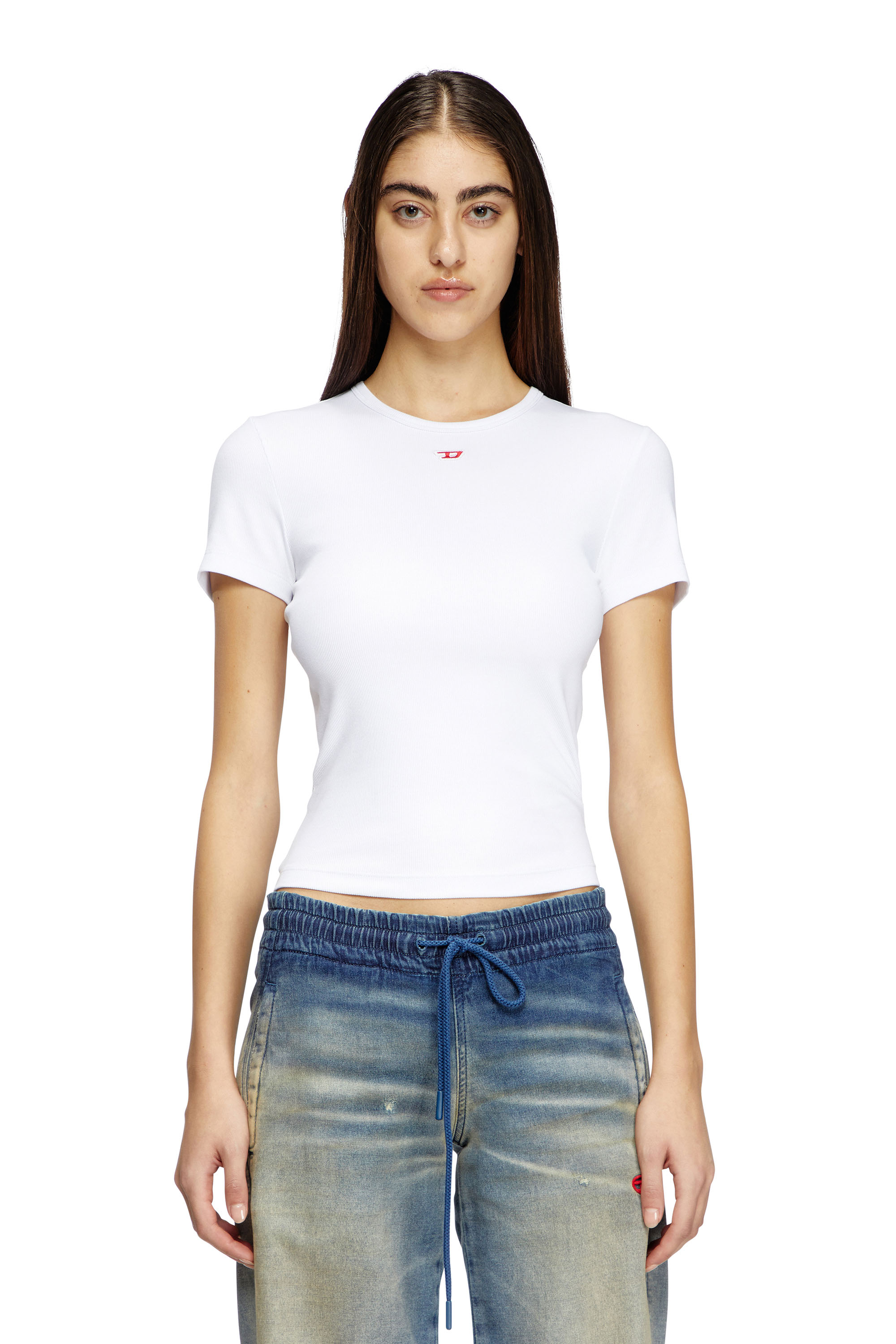 Diesel - T-ELE-LONG-D, T-shirt con patch logo D Donna in Bianco - 1