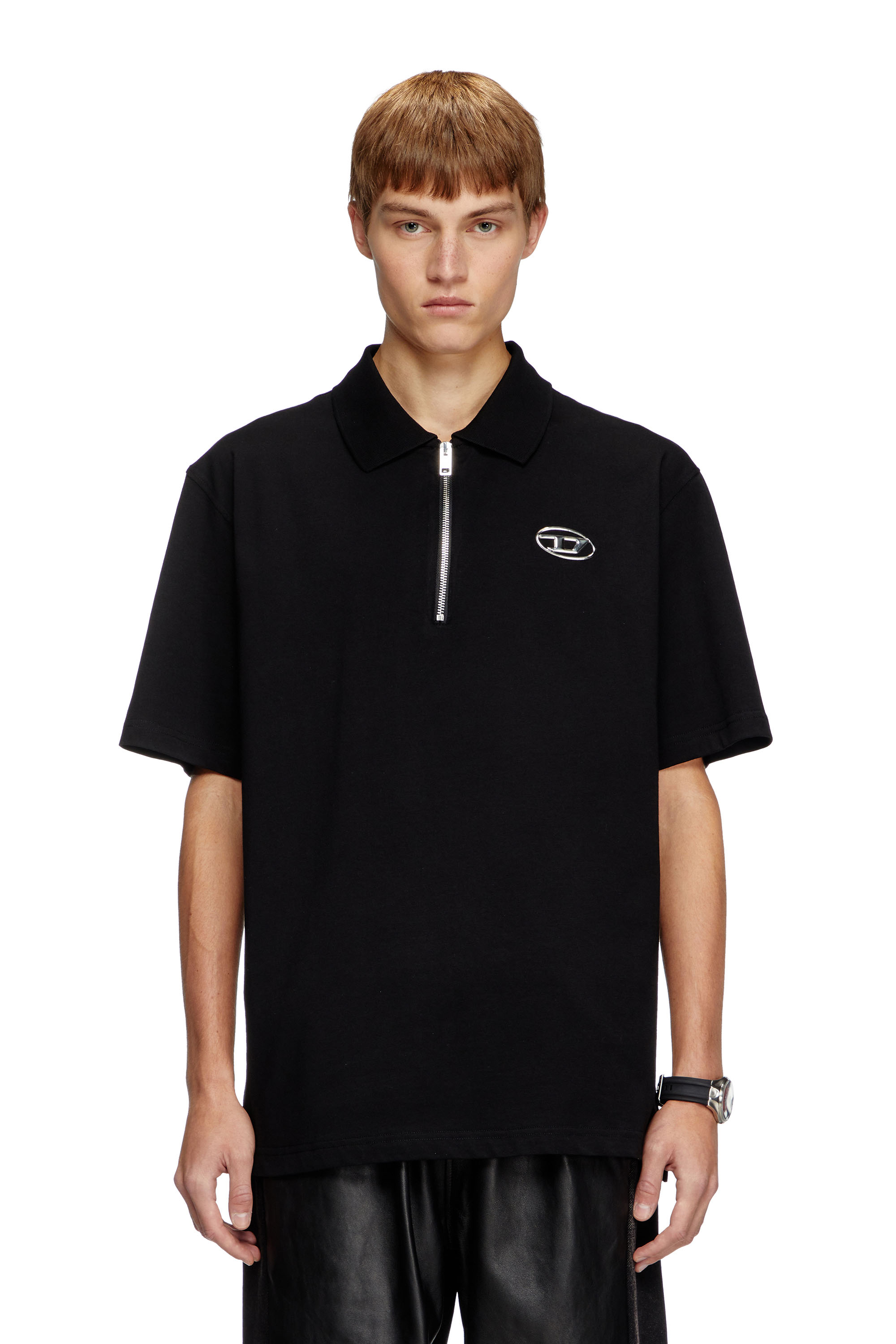 Diesel - T-VOR-OD, Zip front polo shirt with laser cut Oval D Uomo in Nero - 1