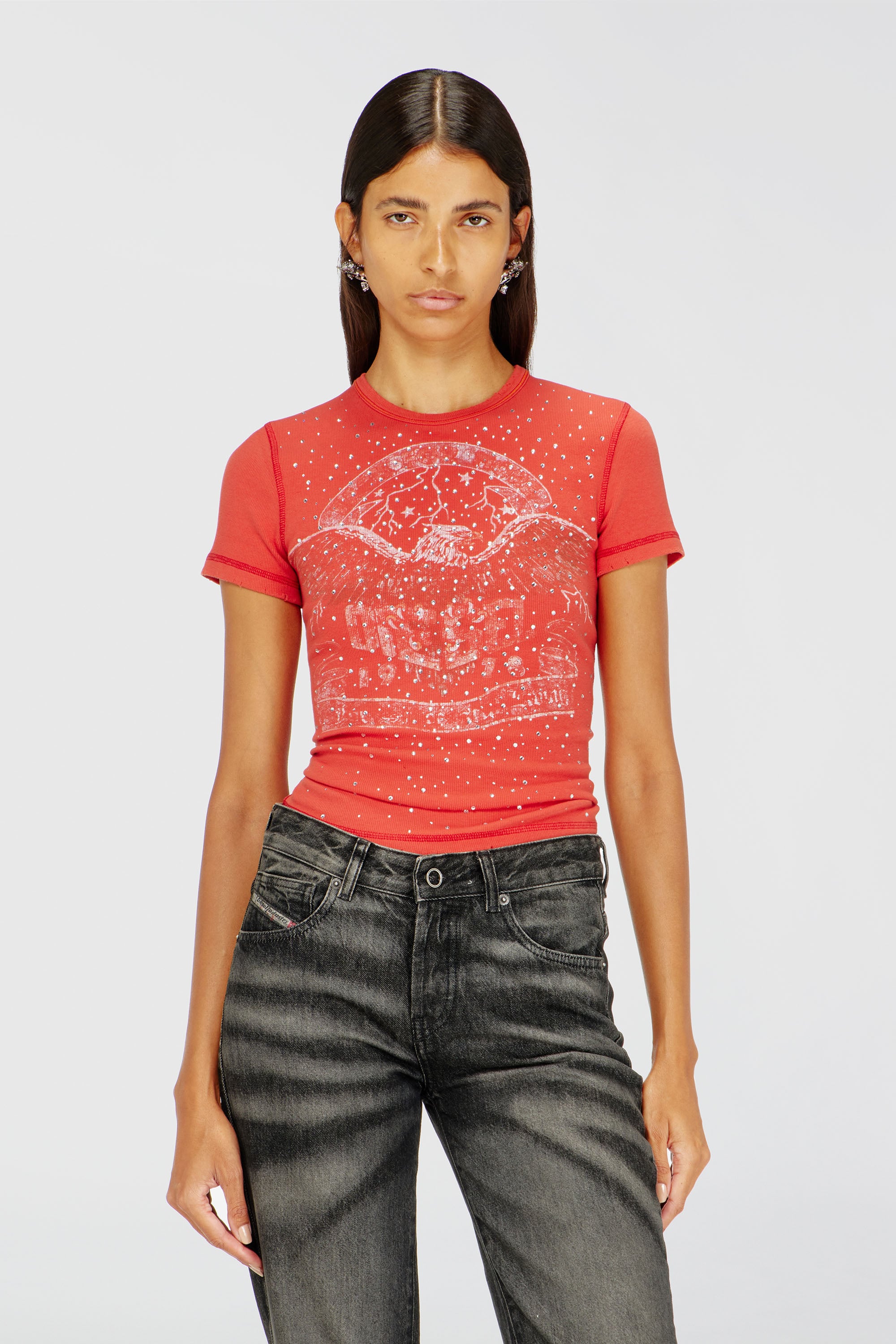 Diesel - T-MARSY-RIB-CRY, T-shirt con grafica concerti e cristalli Donna in ToBeDefined - 1