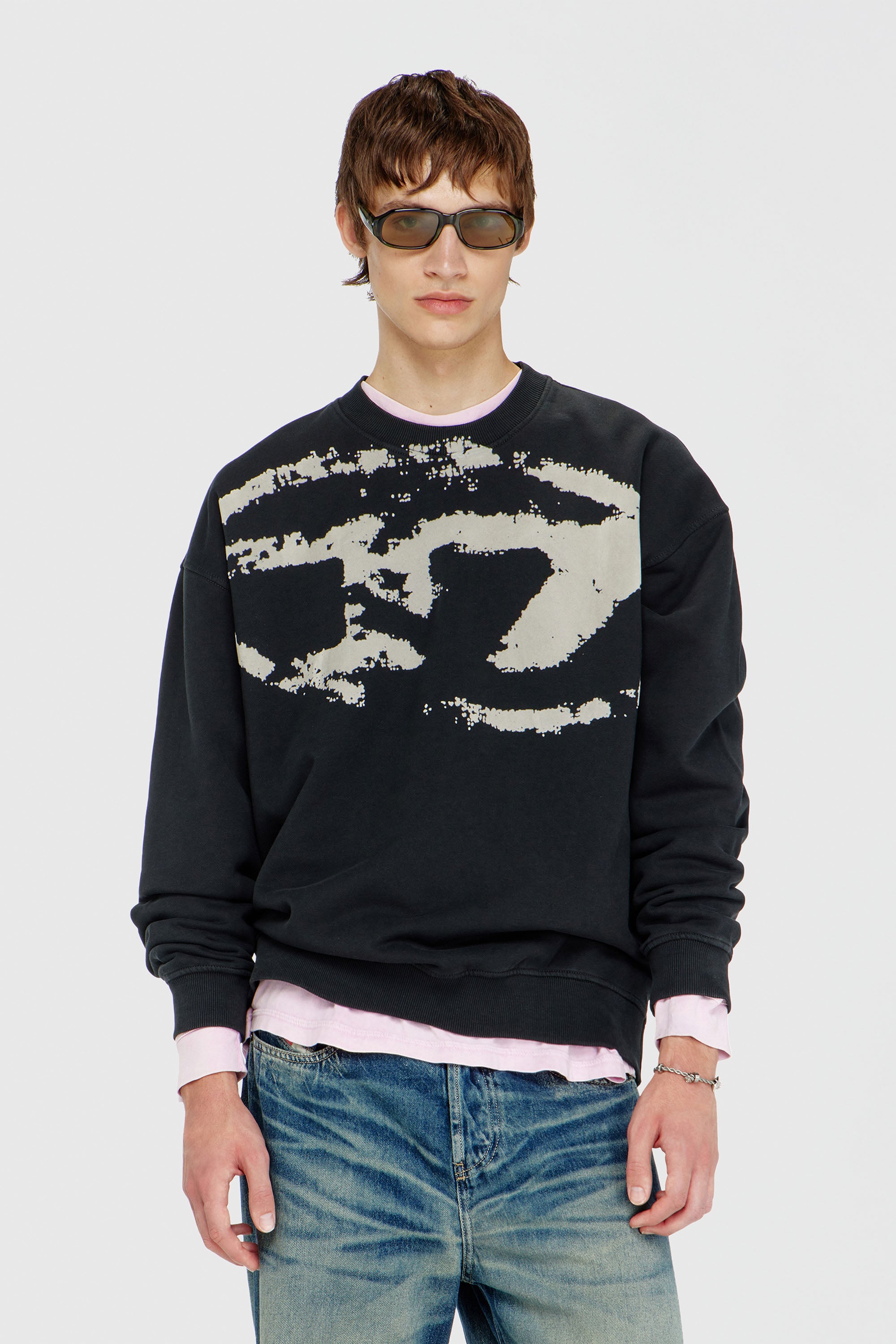 Diesel - S-BOXT-N5, Felpa in cotone con logo Oval D floccato Uomo in Nero - 1